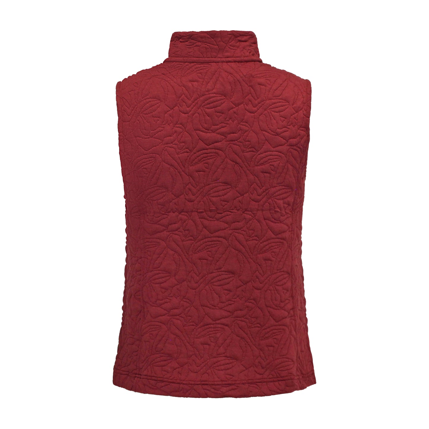 Achterzijde van Bodywarmer Isa in bordeauxrood, met comfortabele fit en mooie afwerking.