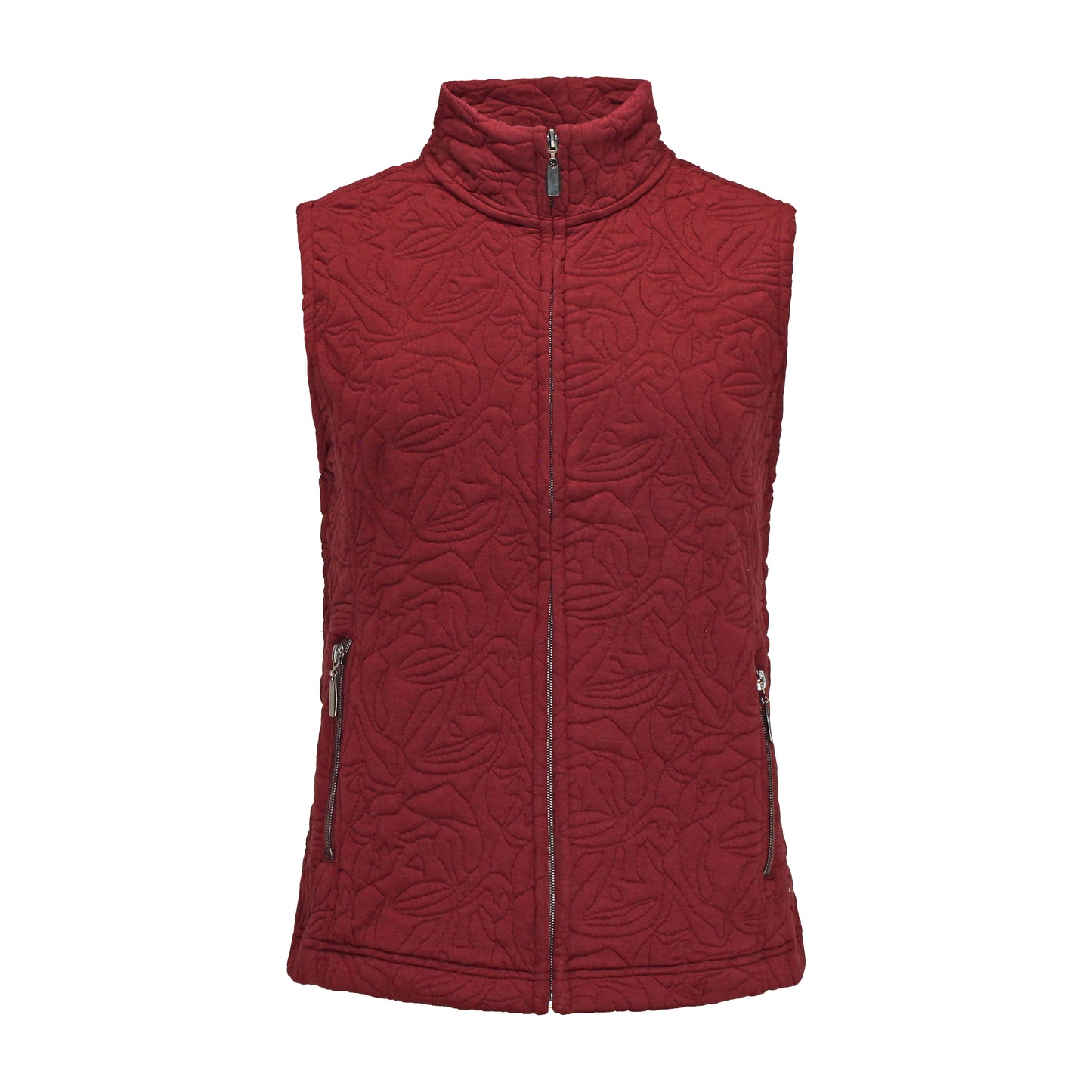 Voorzijde van Bodywarmer Isa in bordeauxrood, met rits en praktische steekzakken, warm en stijlvol voor koude dagen.