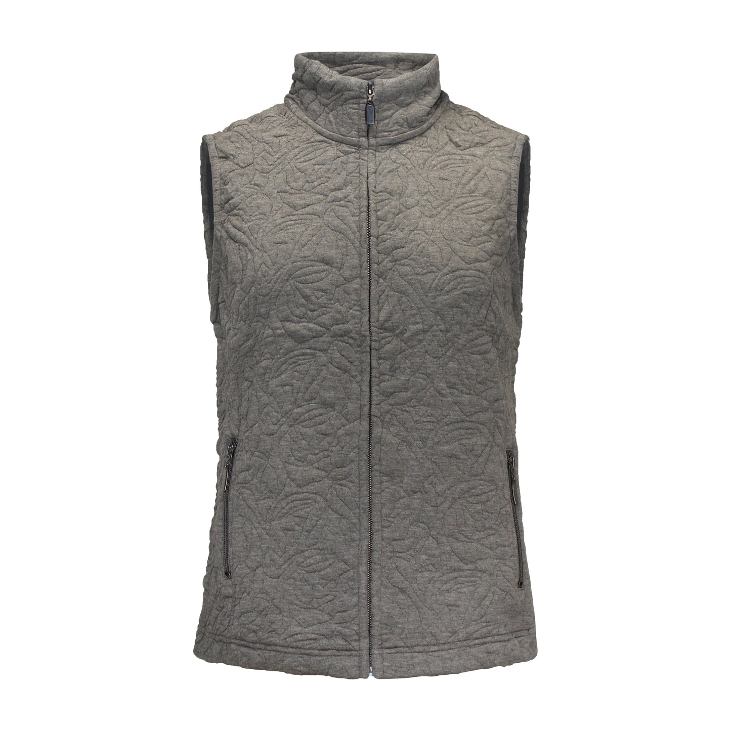 Voorzijde van Bodywarmer Isa in grijs, met rits en zachte steekzakken, perfect voor een casual najaarsoutfit.