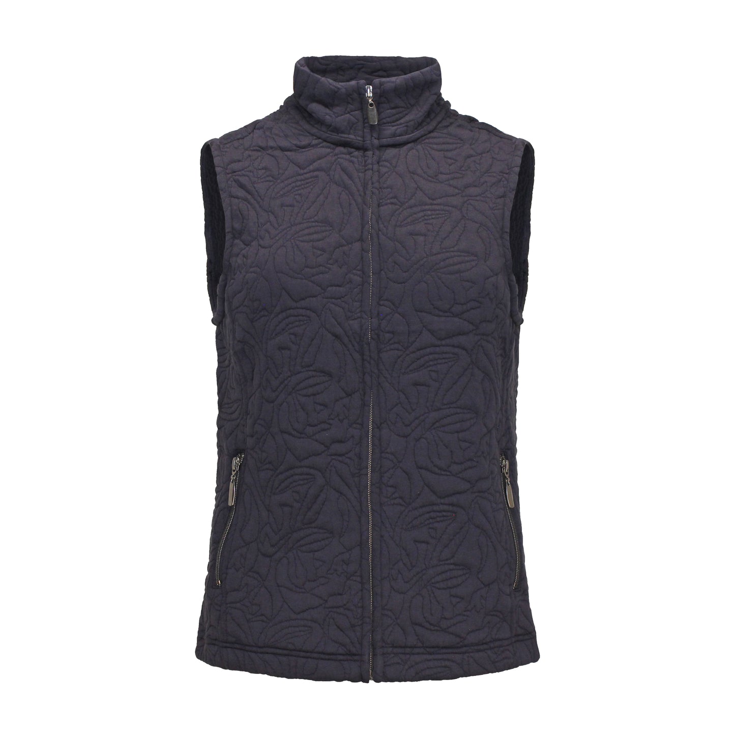 Voorzijde van Bodywarmer Isa in marineblauw, met rits en steekzakken, ideaal voor een stijlvolle en warme look in het najaar.