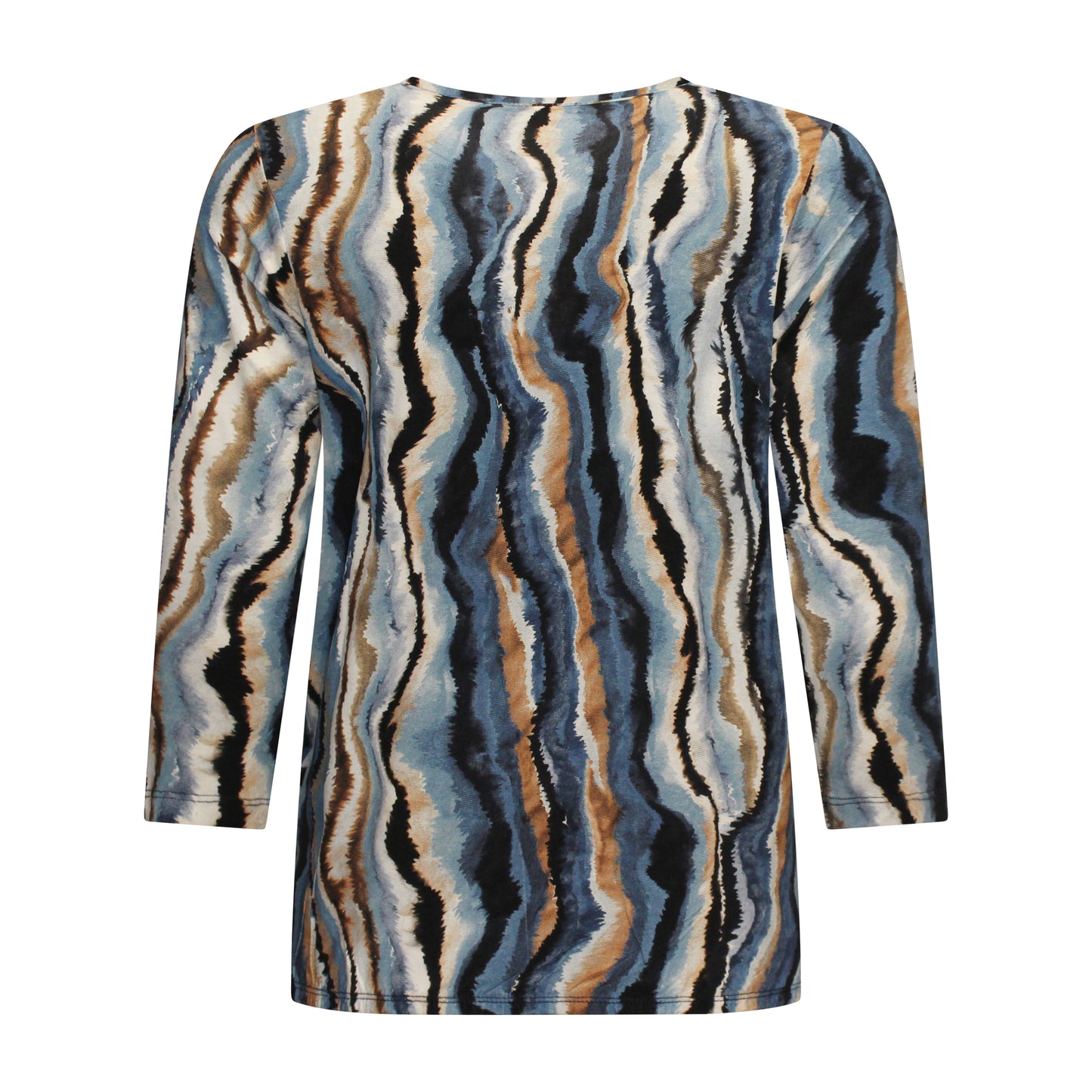 Achterzijde van Brandtex Blouson Floor in het blauw met subtiele bruine print, driekwart mouwen en ronde hals.