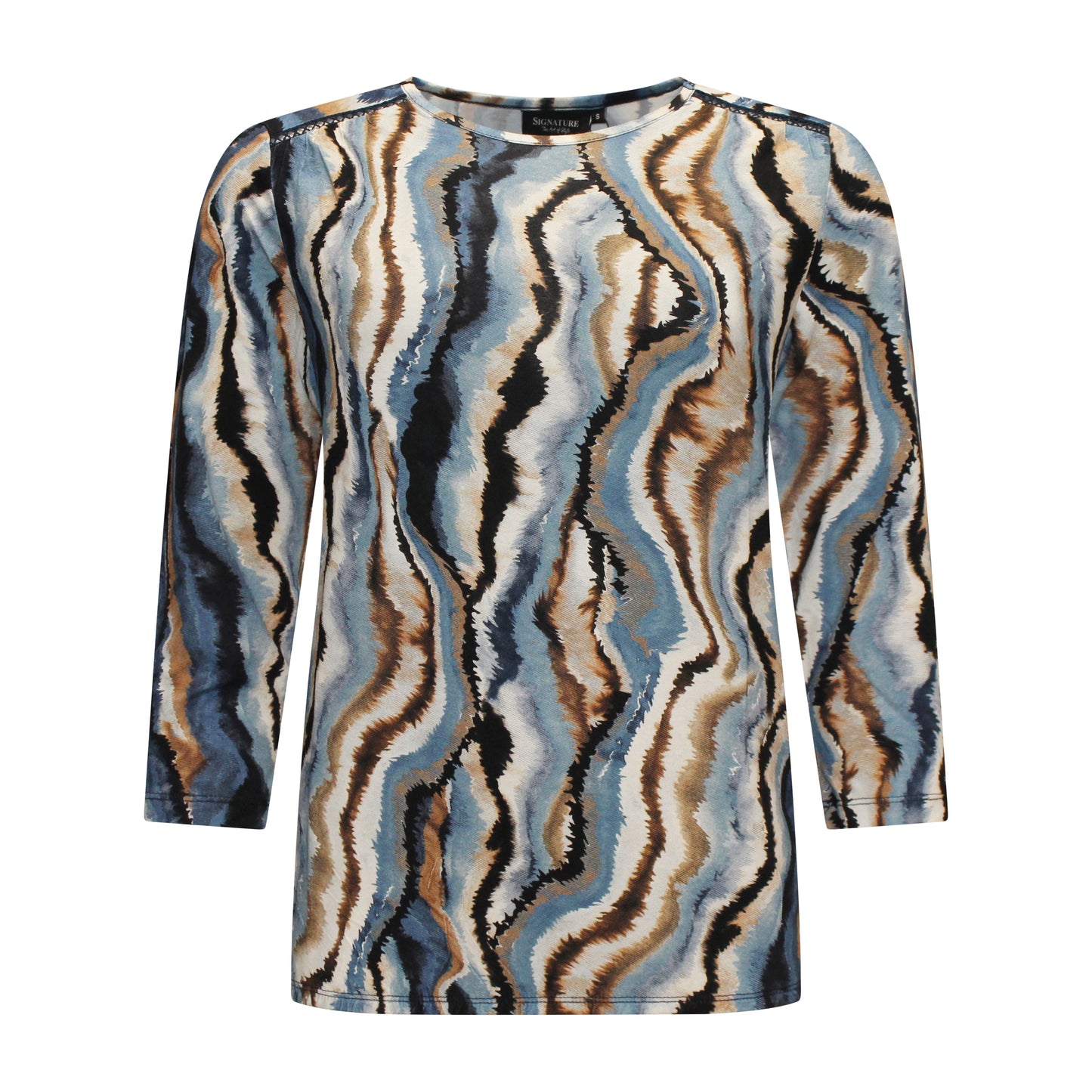Voorzijde van Brandtex Blouson Floor in het blauw met subtiele bruine print, driekwart mouwen en ronde hals.