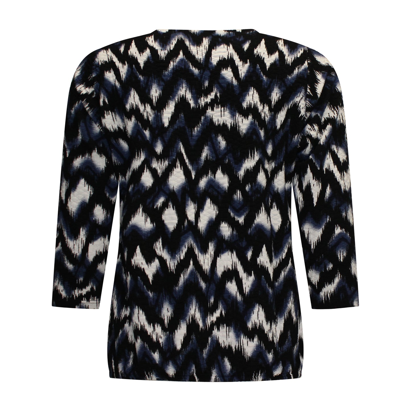 Achterzijde van Brandtex Blouson Mirna in zachte stof met driekwart mouwen in blauw met zwart.