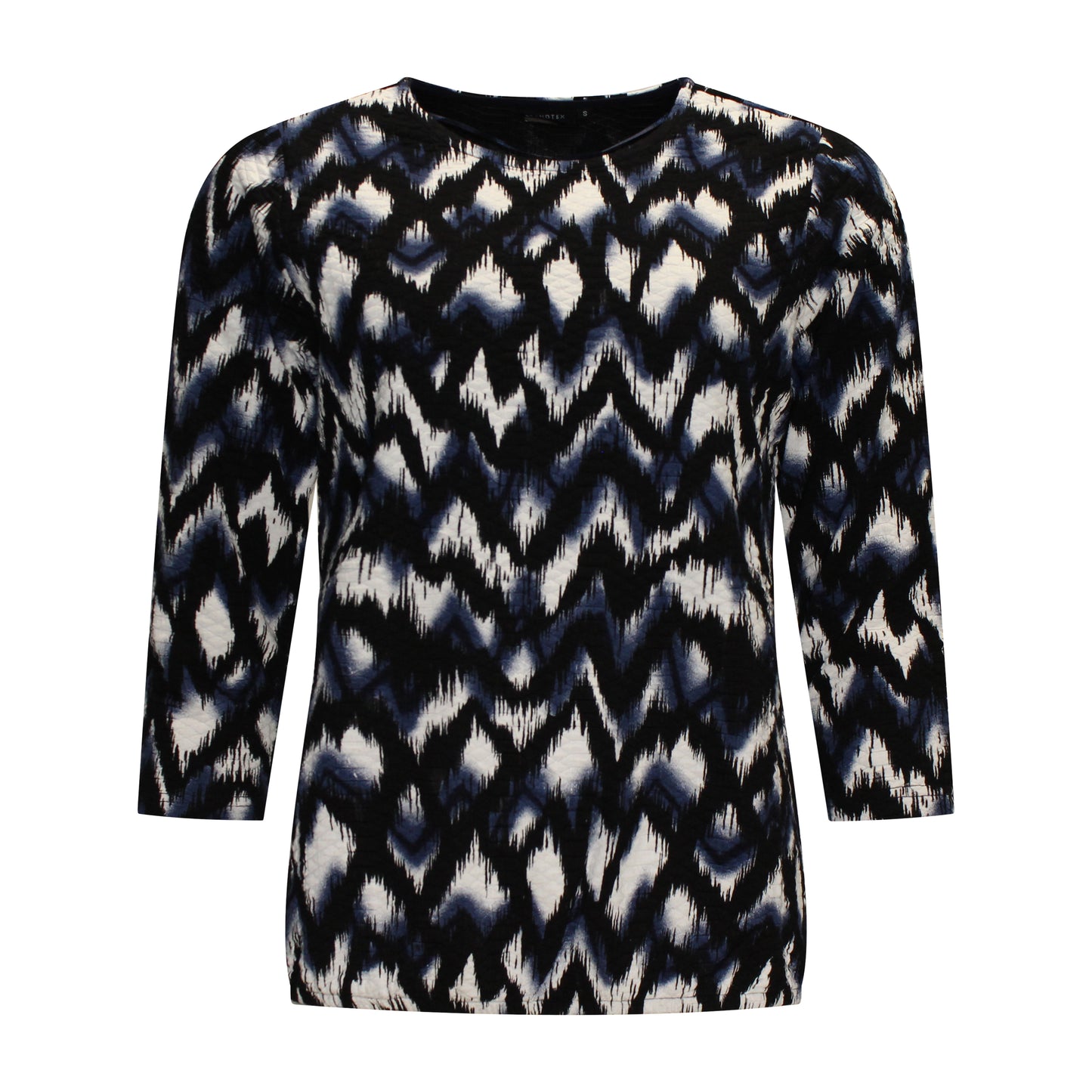 Voorzijde van Brandtex Blouson Mirna in zachte stof met driekwart mouwen in blauw met zwart.