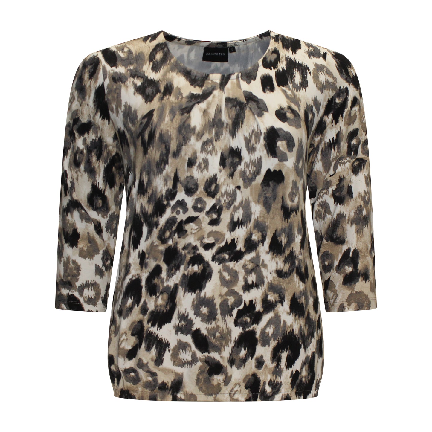 Voorzijde van Brandtex Blouson Vivien met ronde hals en driekwart mouwen in grijs met zandkleur.