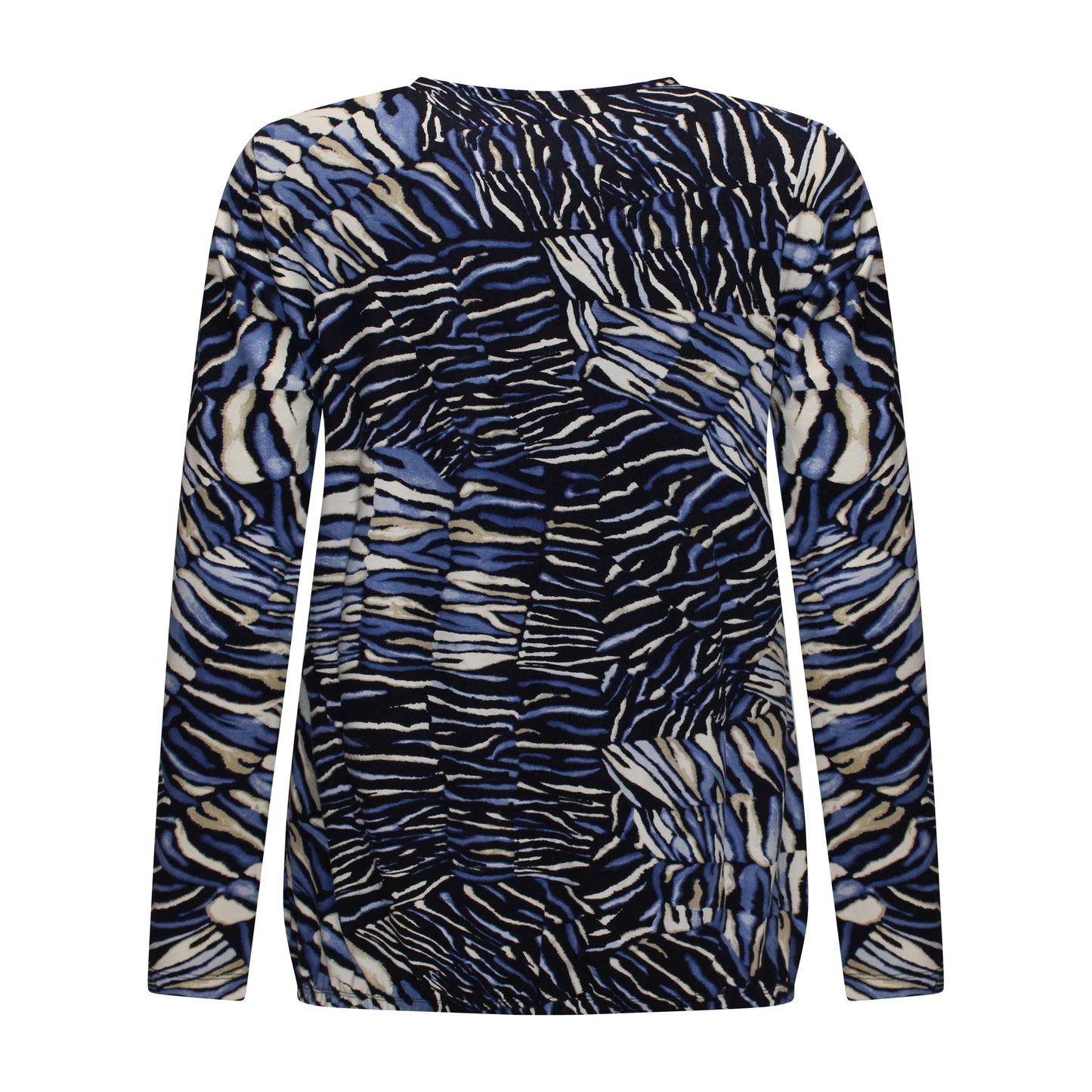 Achterzijde van Brandtex Blouson Yara met ronde hals, lange mouwen en elastische onderband in blauw met zwart patroon.