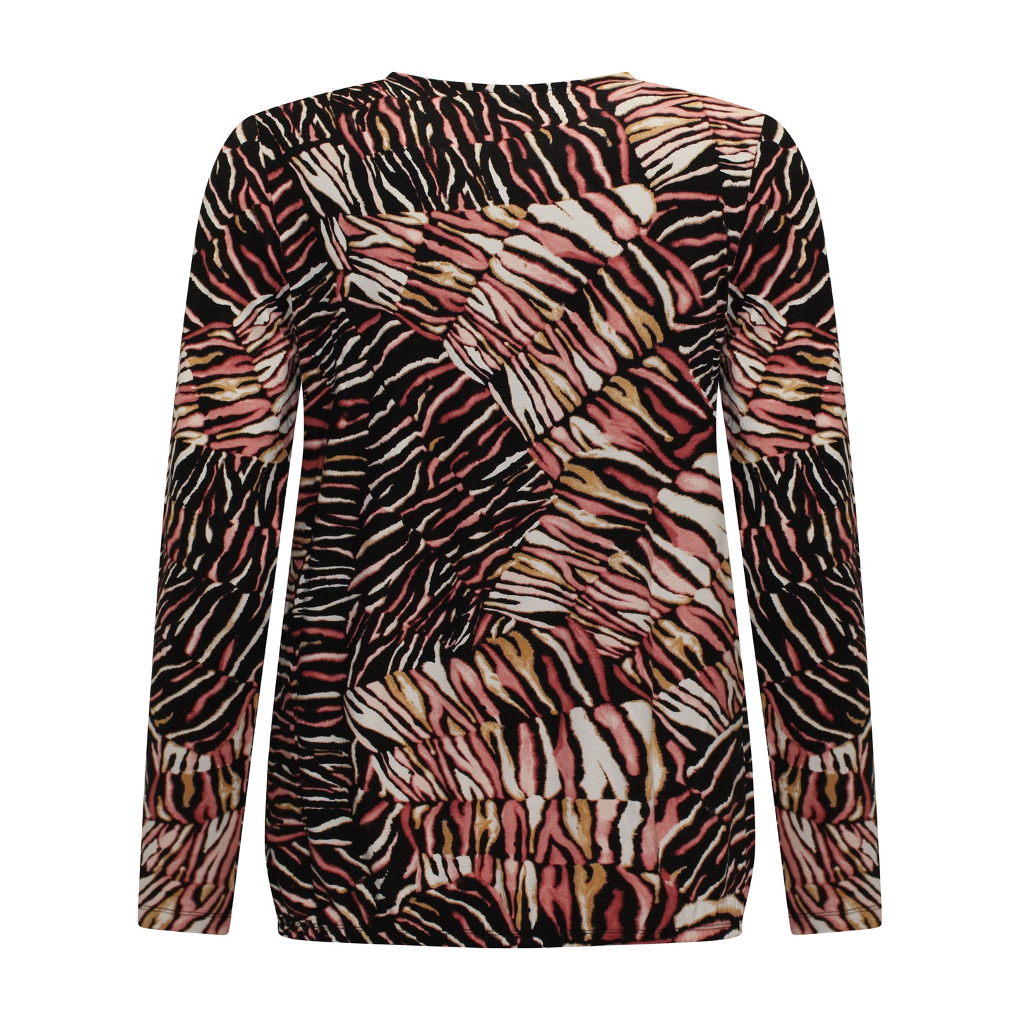 Achterzijde van Brandtex Blouson Yara met ronde hals, lange mouwen en elastische onderband in rood met zwart patroon.