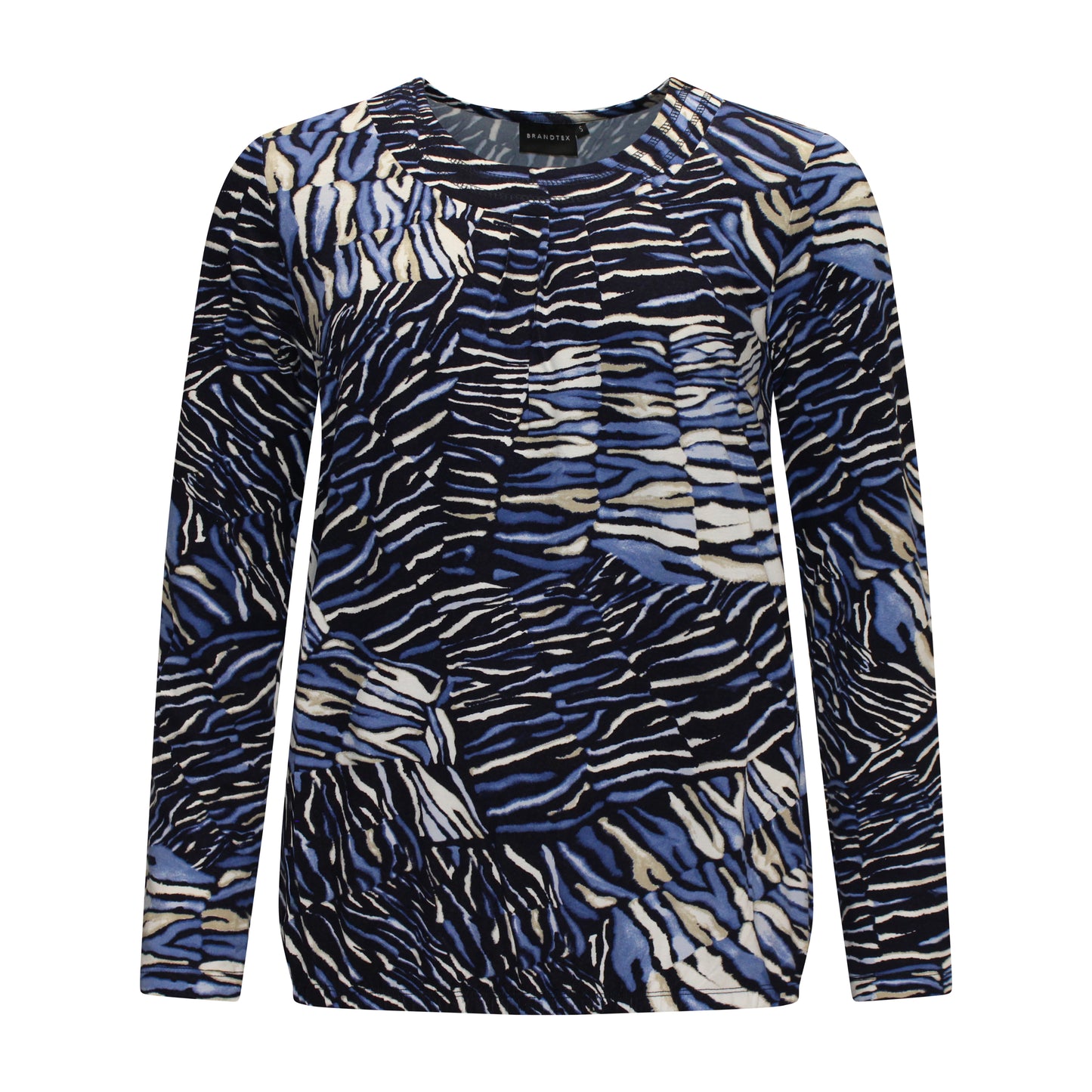 Voorzijde van Brandtex Blouson Yara met ronde hals, lange mouwen en elastische onderband in blauw met zwart patroon.