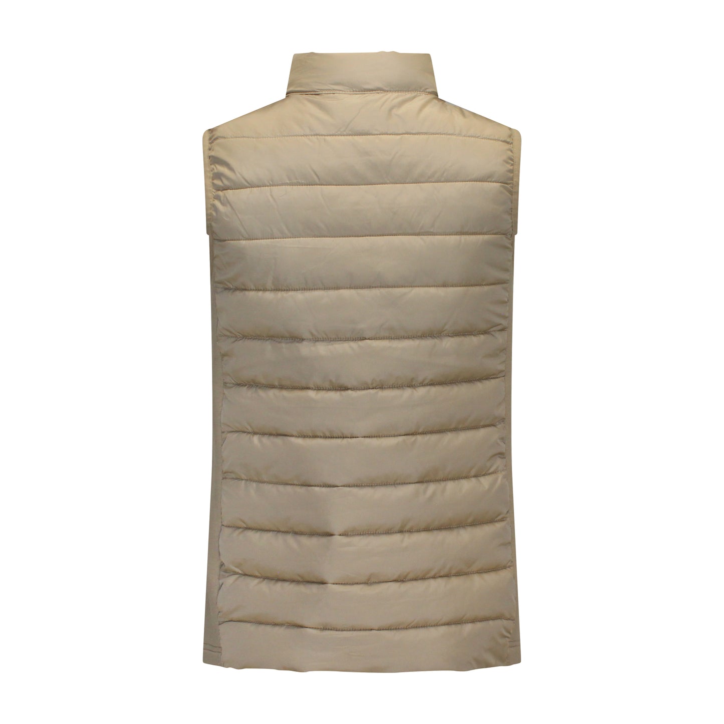 Achterzijde van Brandtex bodywarmer Karlijn in beige met stretchstof aan de zijkanten.