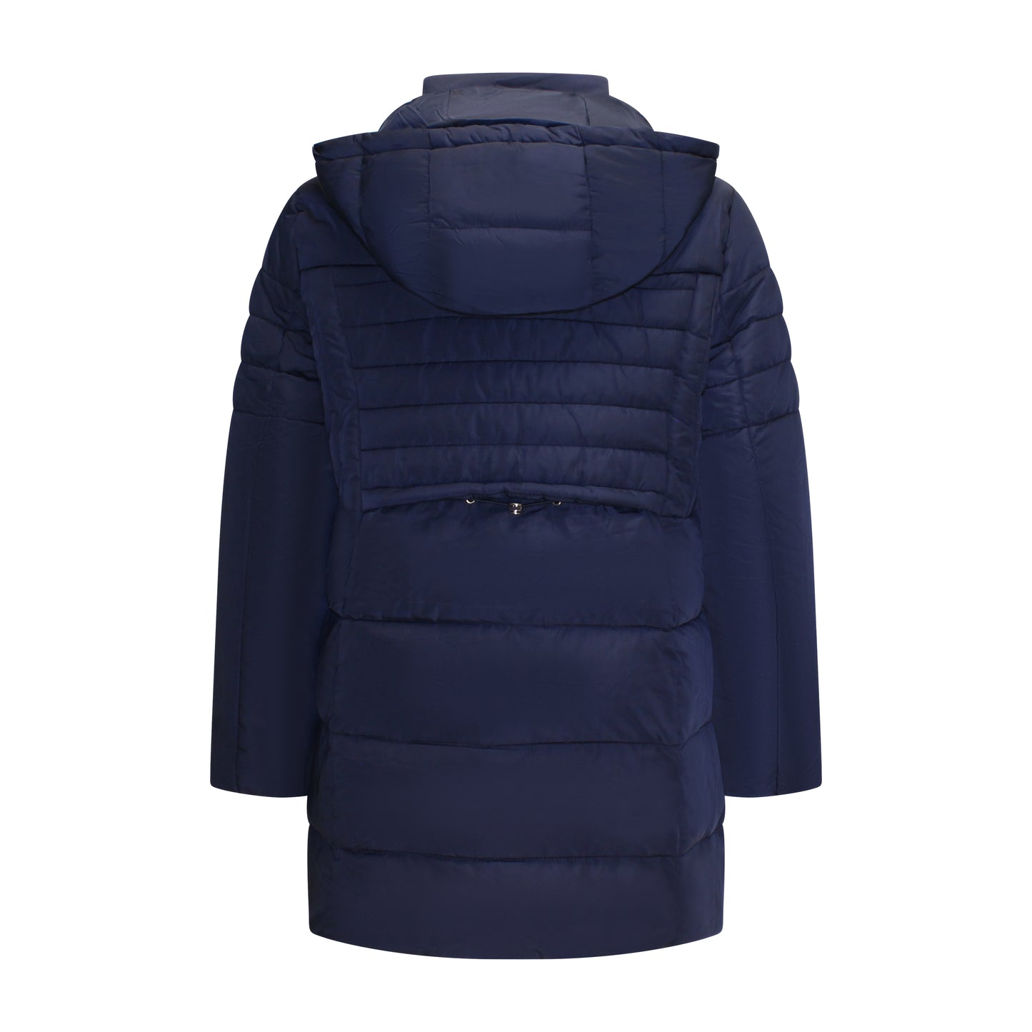 Achterzijde van Brandtex Jas Lorine in marineblauw met knoopsluiting, capuchon en koorddetail aan de rug.