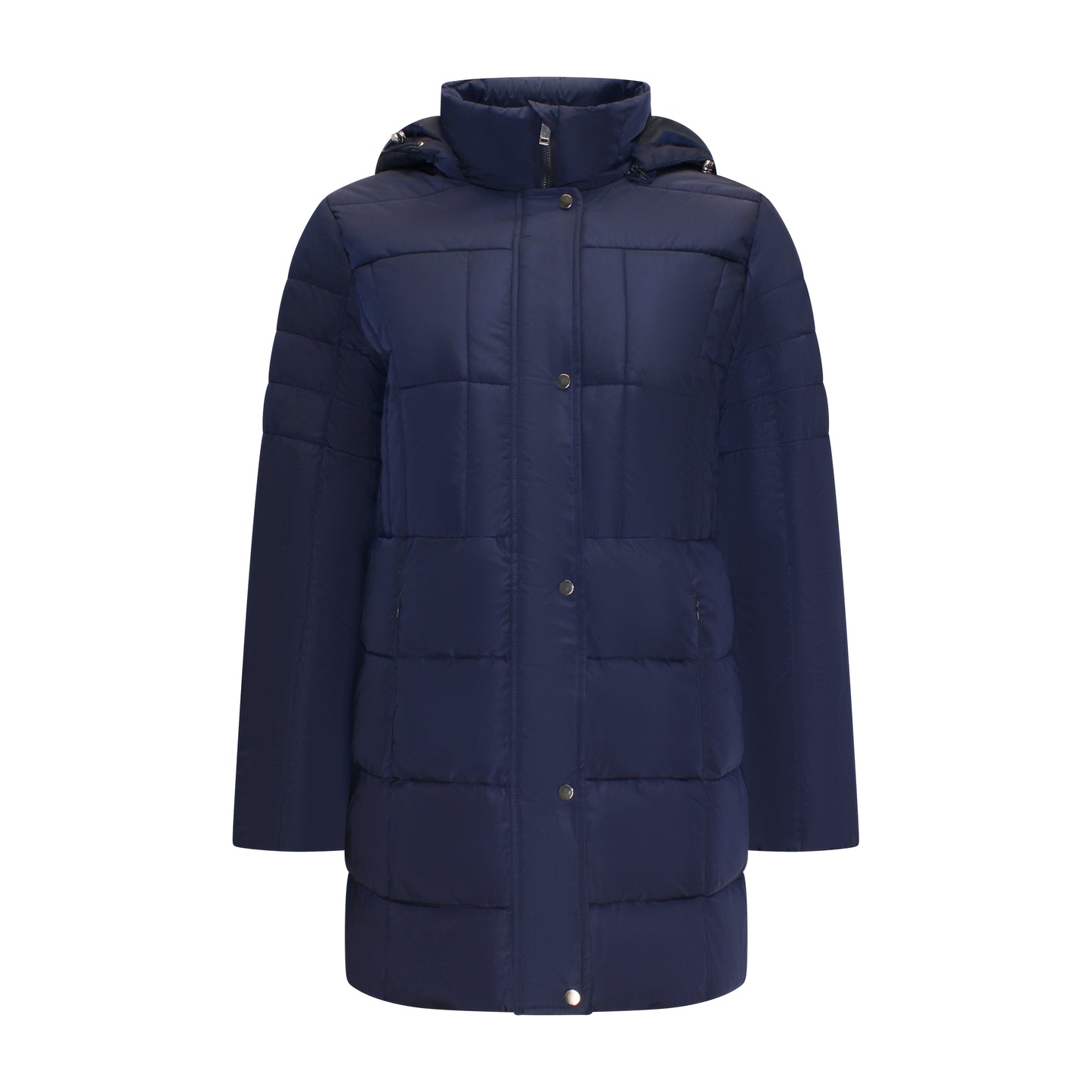Voorzijde van Brandtex Jas Lorine in marineblauw met knoopsluiting, capuchon en ritszakken.