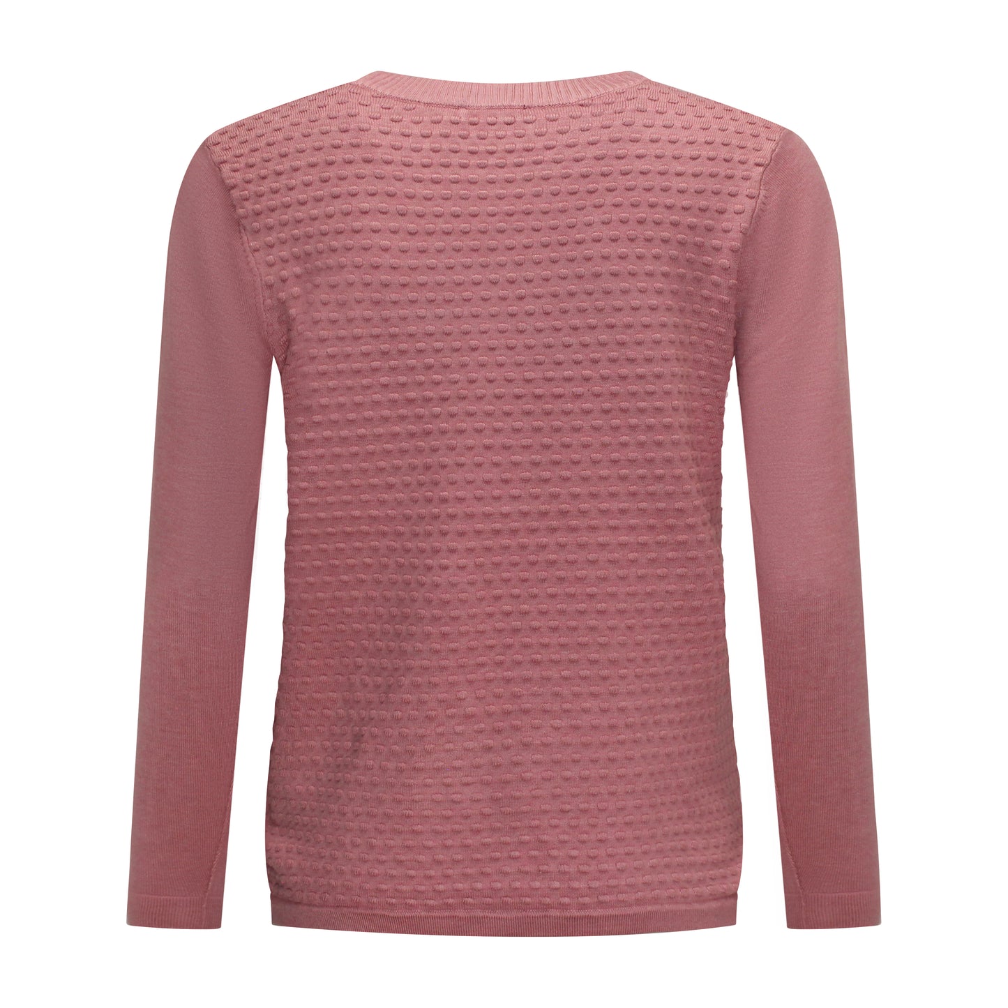 Achterzijde van Brandtex pullover Marit met lange mouwen, blokkenprint, en knoopdetail in het roze.