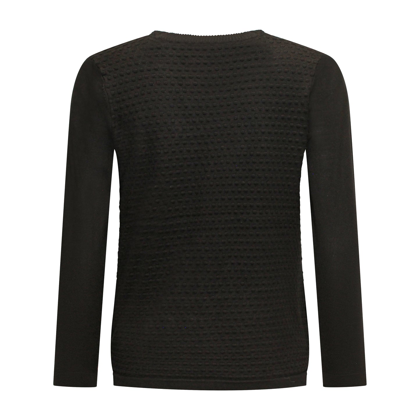 Achterzijde van Brandtex pullover Marit met lange mouwen, blokkenprint, en knoopdetail in het zwart.