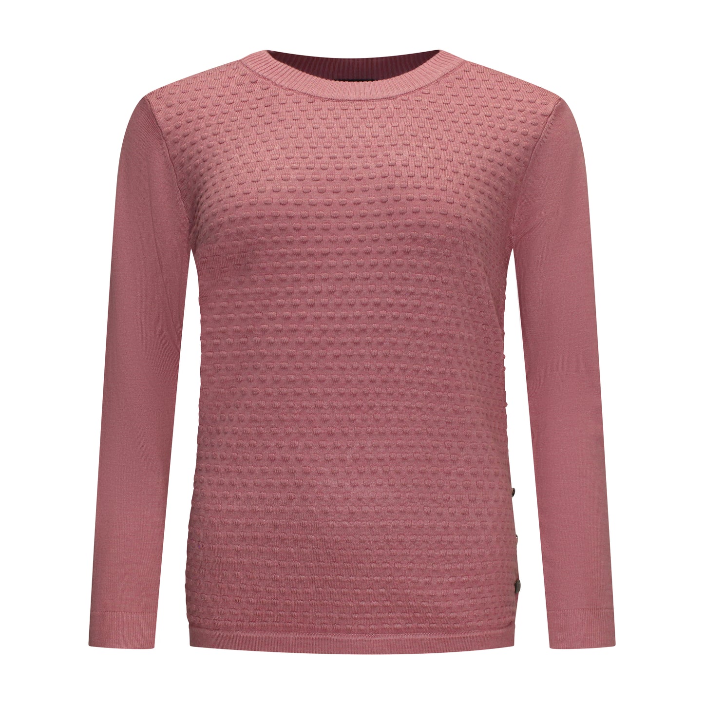 Voorzijde van Brandtex pullover Marit met lange mouwen, blokkenprint, en knoopdetail in het roze.