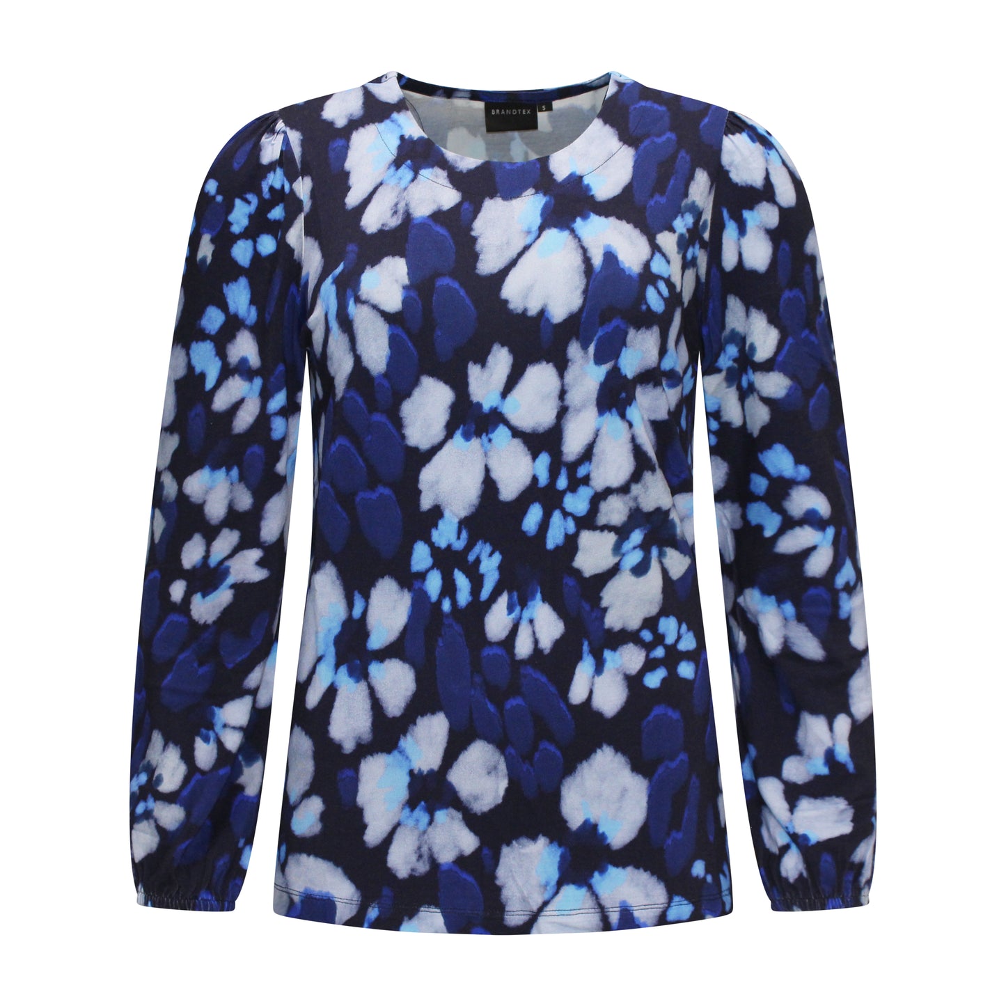 Voorzijde van Brandtex T-shirt Lieke met ronde hals, lange mouwen en recht model in het blauw.