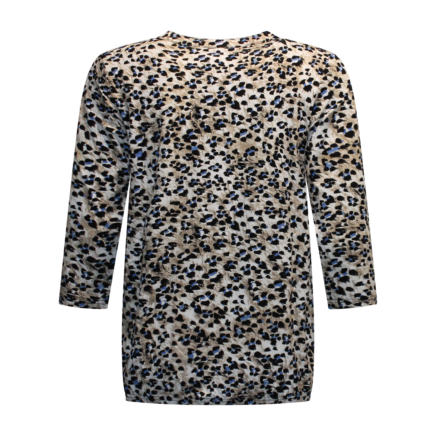 Achterzijde van Brandtex blouson Marjon met driekwart mouwen, blousend model en dierenprint in het baluw met contrasterende tinten.