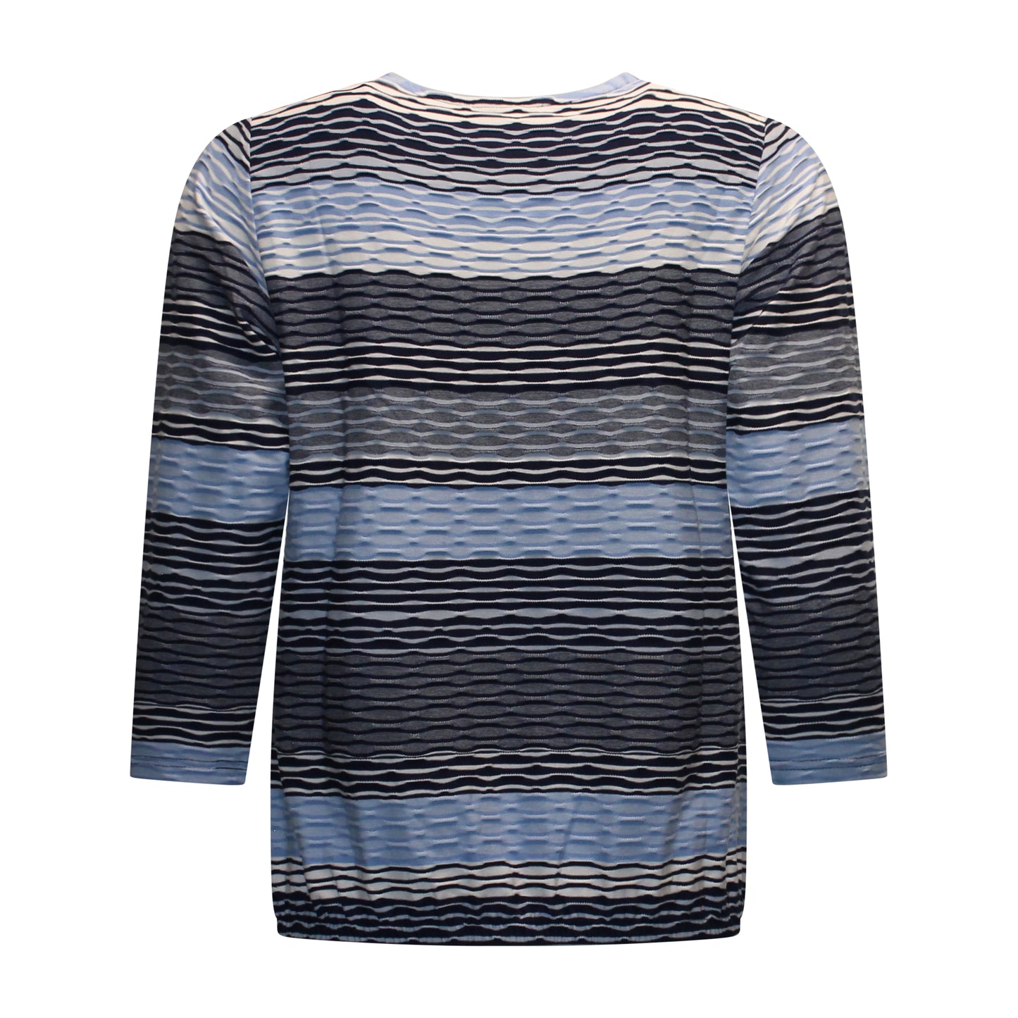 Achterzijde van Brandtex blouson Rianne met driekwart mouwen, golvend structuurpatroon en soepel vallende stof in blauw.