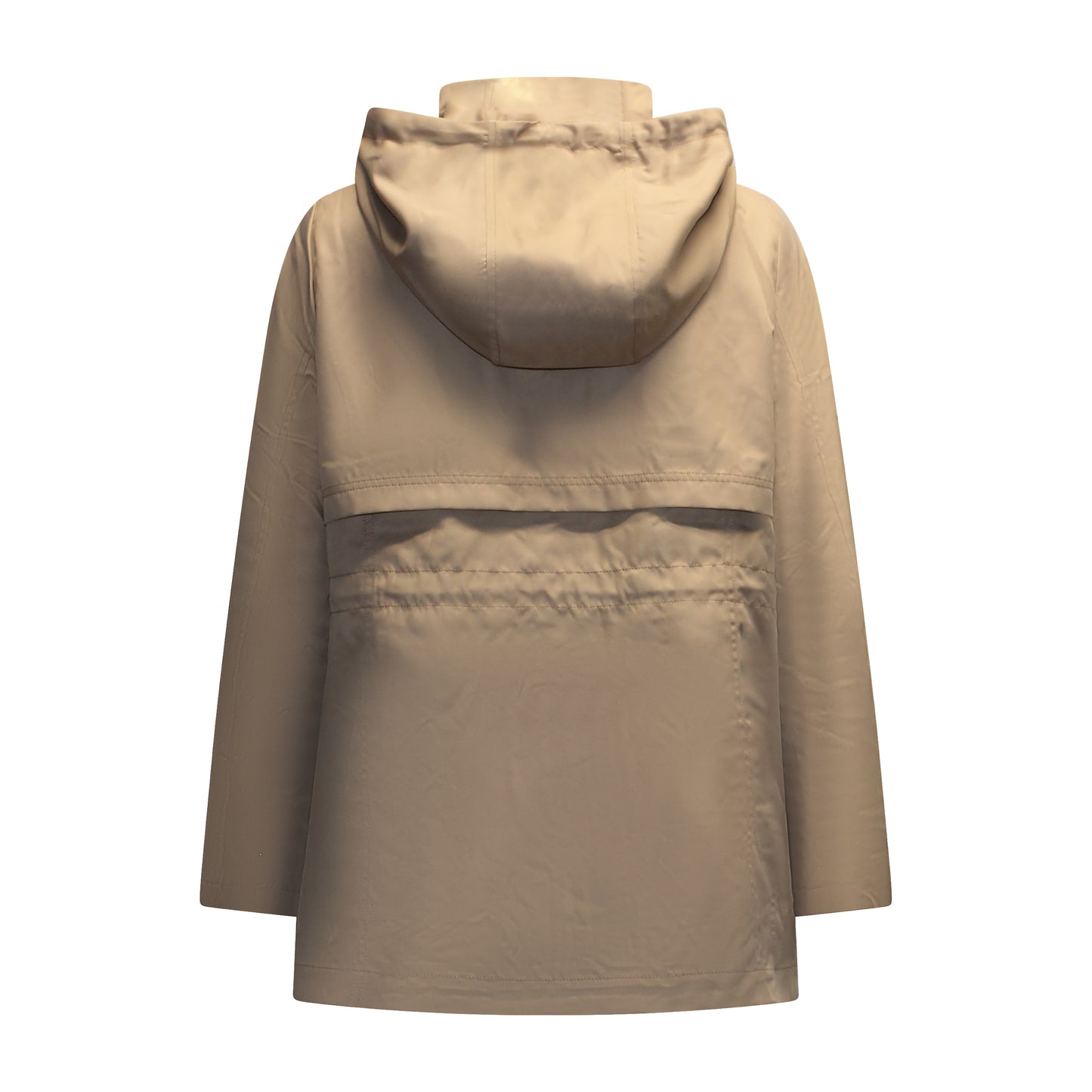 Achterzijde van Brandtex jas Hilda met capuchon en verstelbaar trekkoord in het beige.