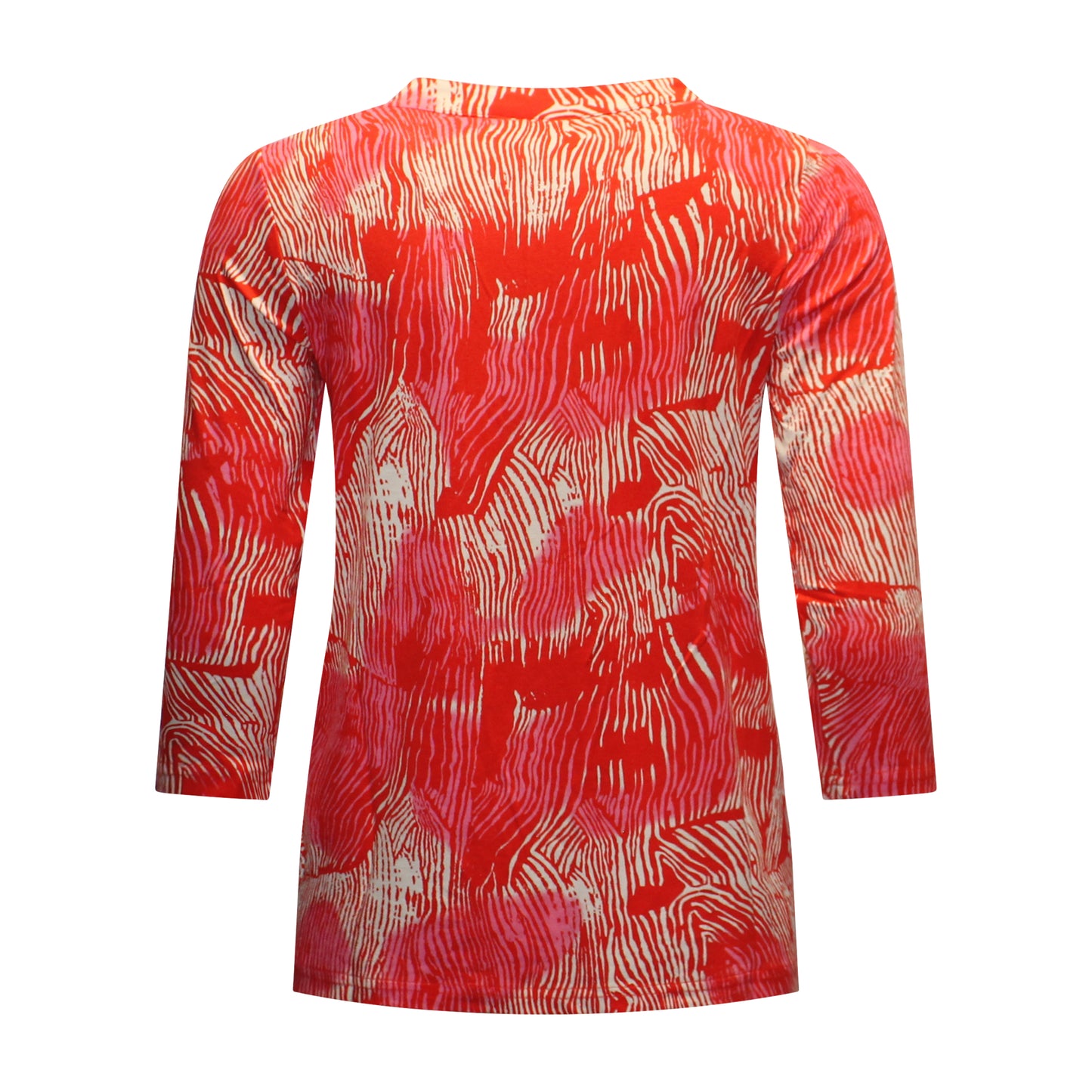 Achterzijde van Brandtex t-shirt Ingrid met rechte pasvorm, driekwart mouwen en lijnpatroon in rood met beige tinten.