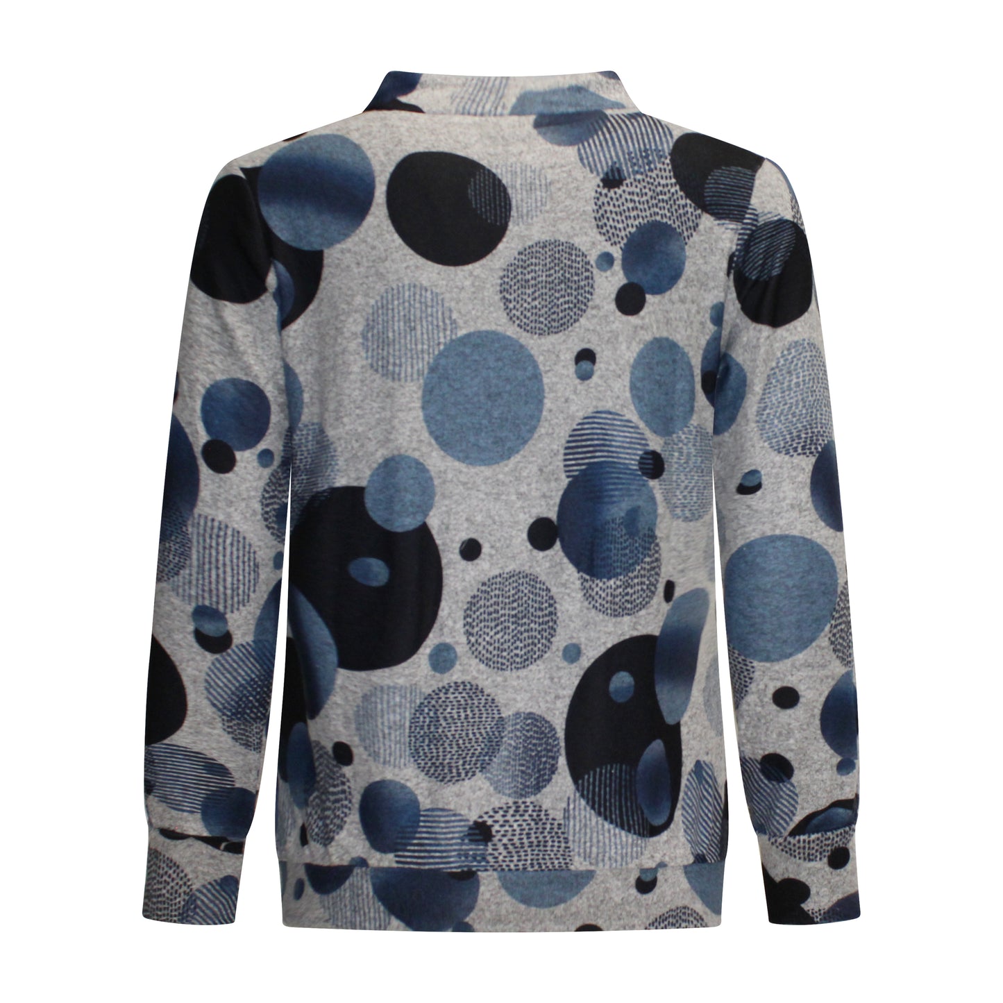 Achterzijde van Dreamstar Trui Ilona met cirkelpatroon en lange mouwen in blauw.