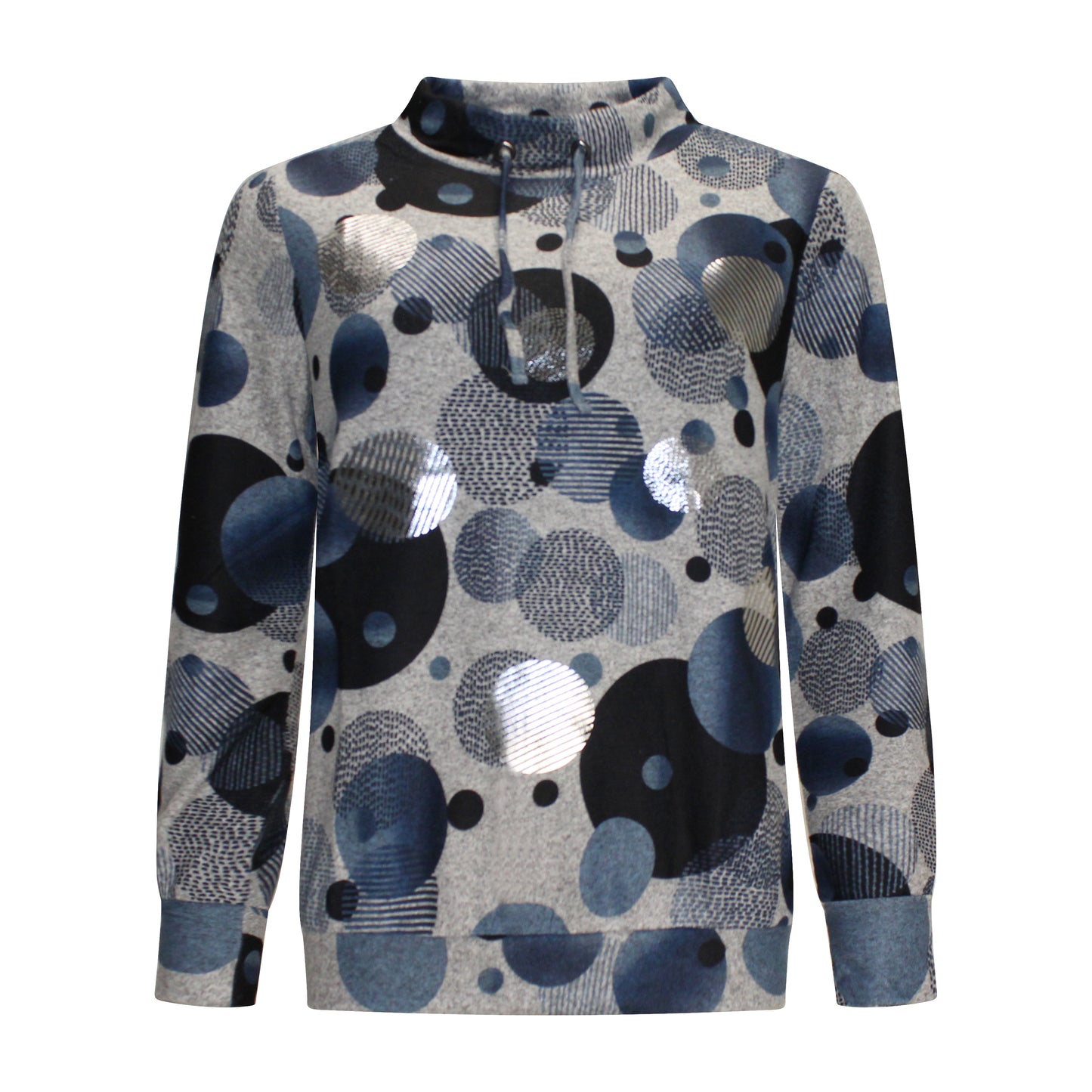 Voorzijde van Dreamstar Trui Ilona met cirkelpatroon, koordjes aan de hals en zilverkleurige accenten in blauw.