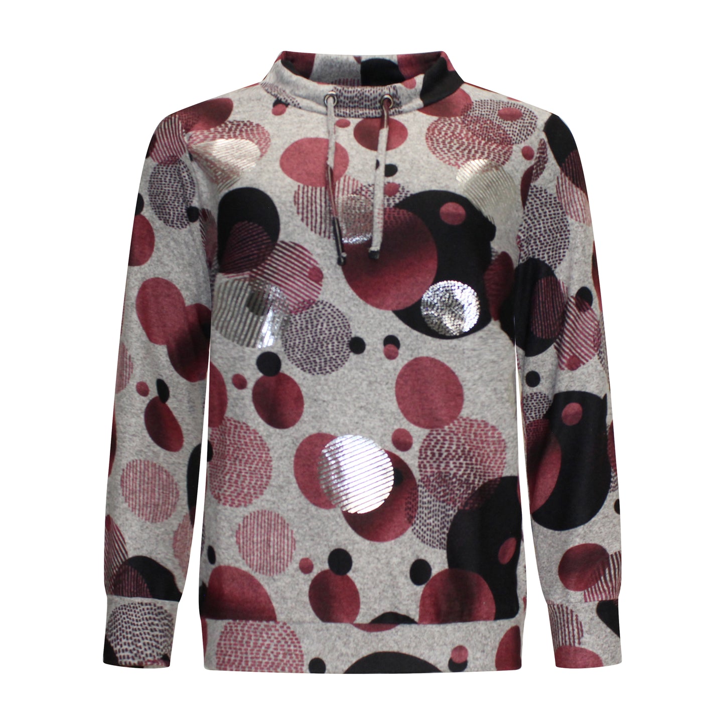 Voorzijde van Dreamstar Trui Ilona met cirkelpatroon, koordjes aan de hals en zilverkleurige accenten in rood.
