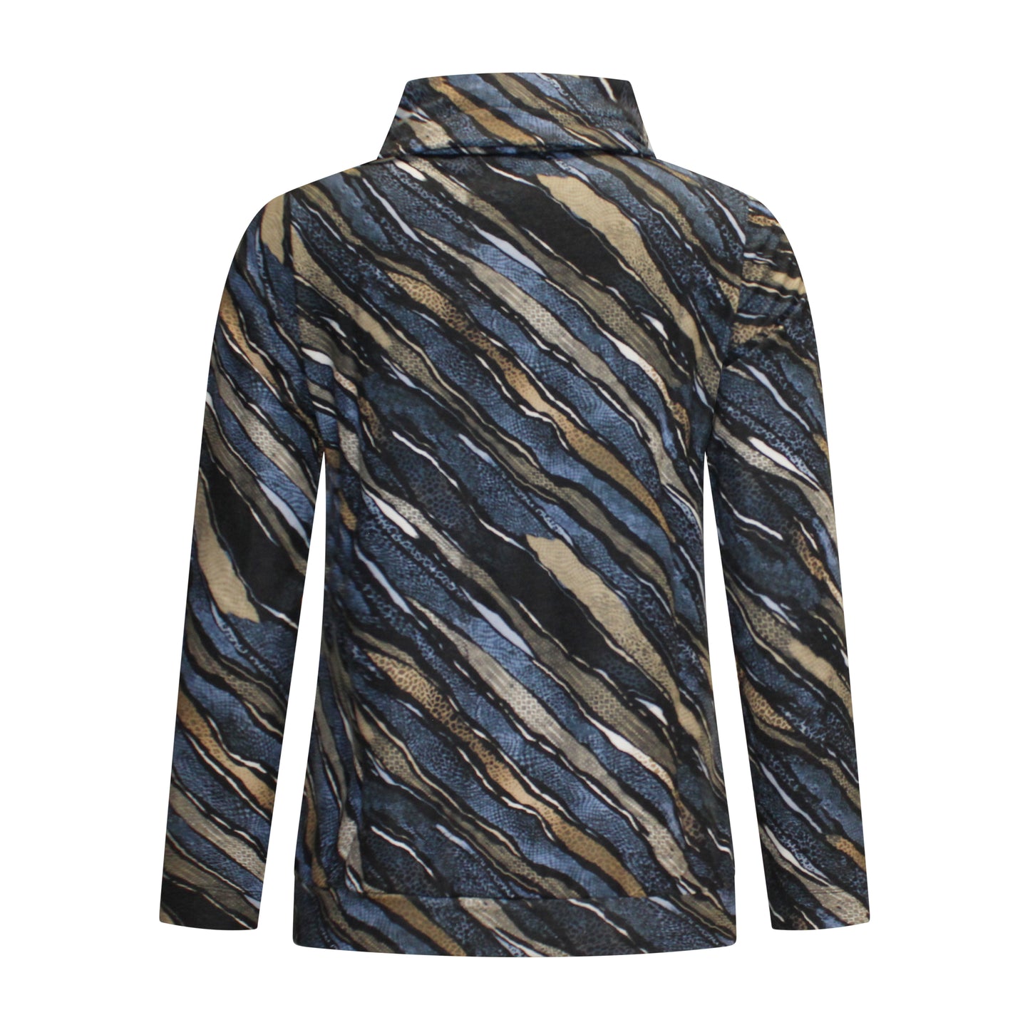 Achterzijde van Dreamstar Trui Mireen met kolkraag en lange mouwen in blauwe kleur met print.