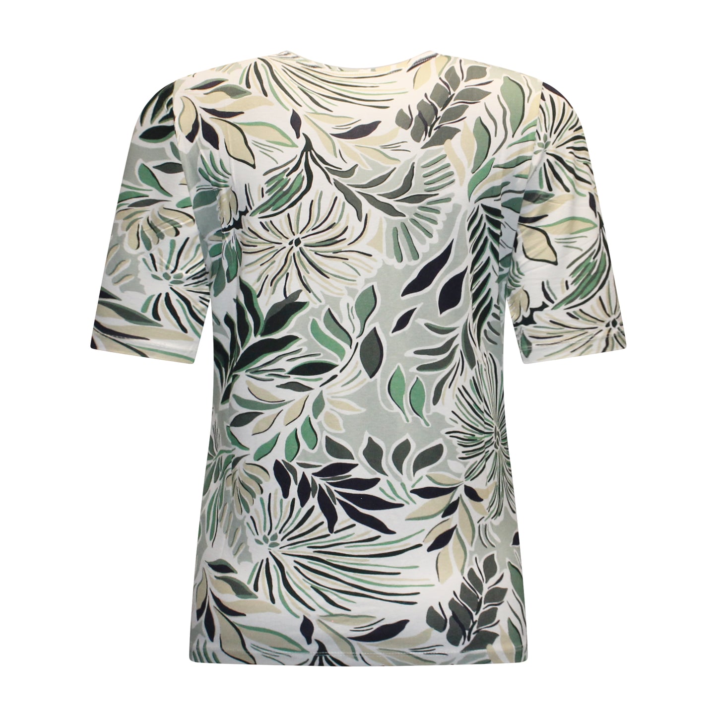 Achterzijde van Gabriella K T-shirt Wendy met korte mouwen, recht model en bladprint in groen.