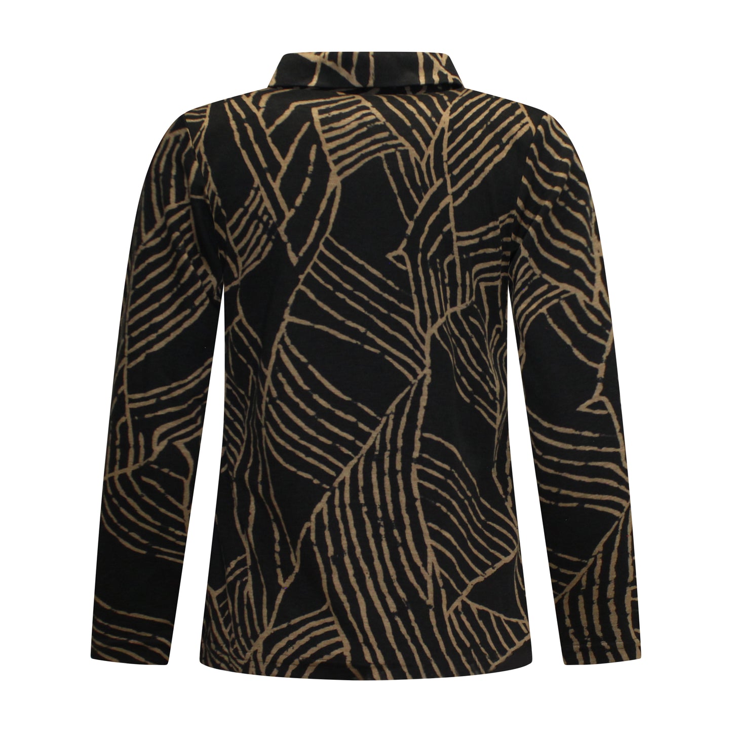 Achterzijde van Lady Style T-shirt Mirjam met lange mouwen in camel met zwart.