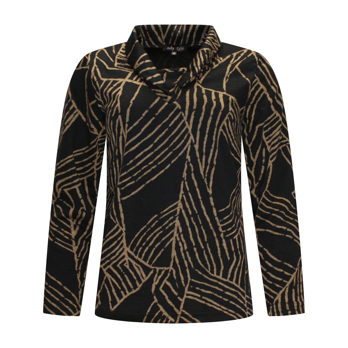 Voorzijde van Lady Style T-shirt Mirjam met sjaalkraag, lange mouwen en schoudervulling in camel met zwart.