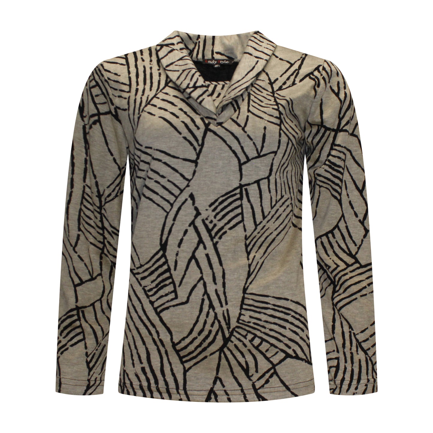 Voorzijde van Lady Style T-shirt Mirjam met sjaalkraag, lange mouwen en schoudervulling in zand met zwart.