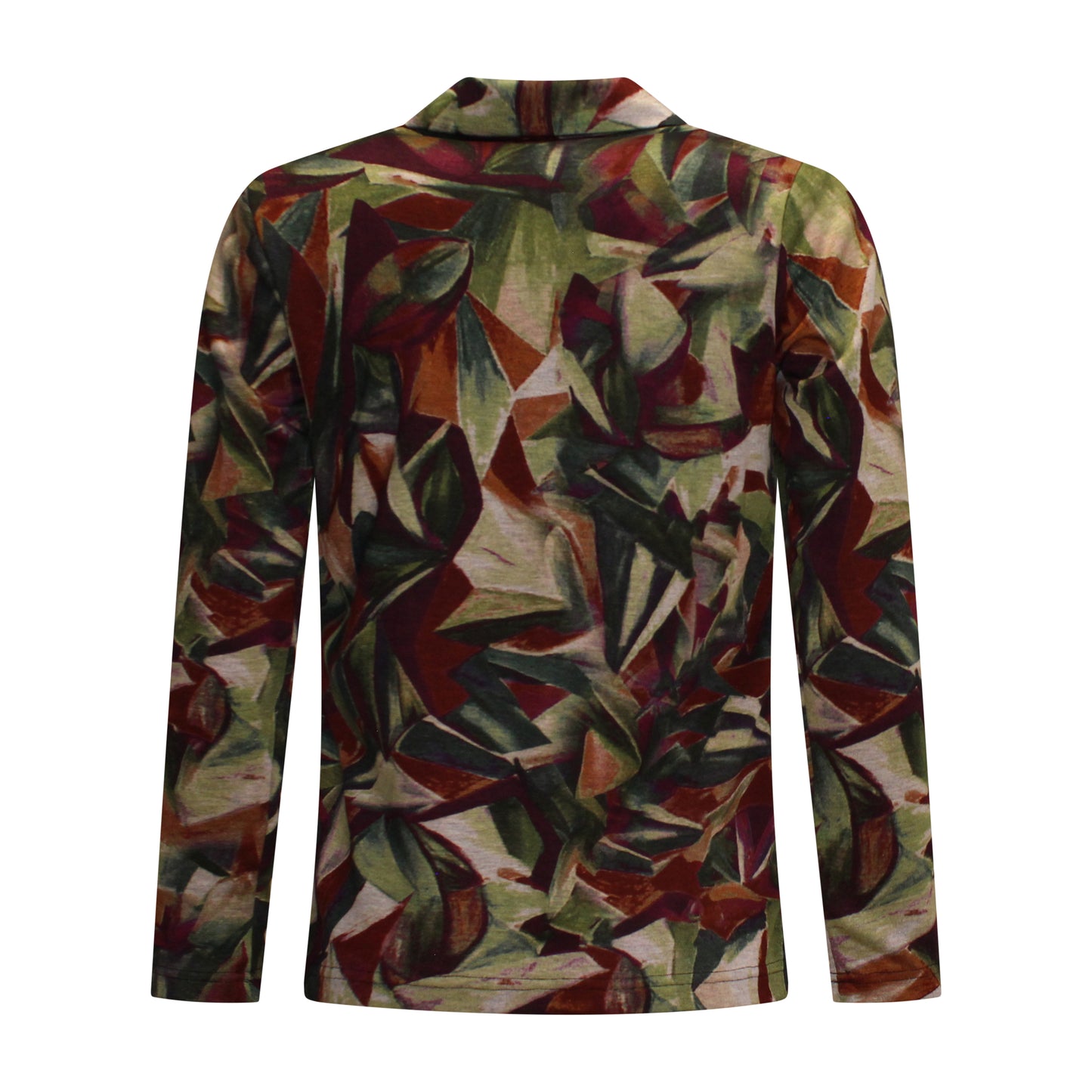 Achterzijde van Ladystyle Poloshirt Tanja met rechte pasvorm en bruin-groenige print.