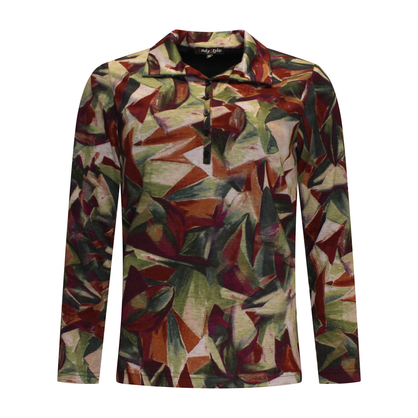 Voorzijde van Ladystyle Poloshirt Tanja met polokraag, knoopsluiting, rechte pasvorm en bruin-groenige print.