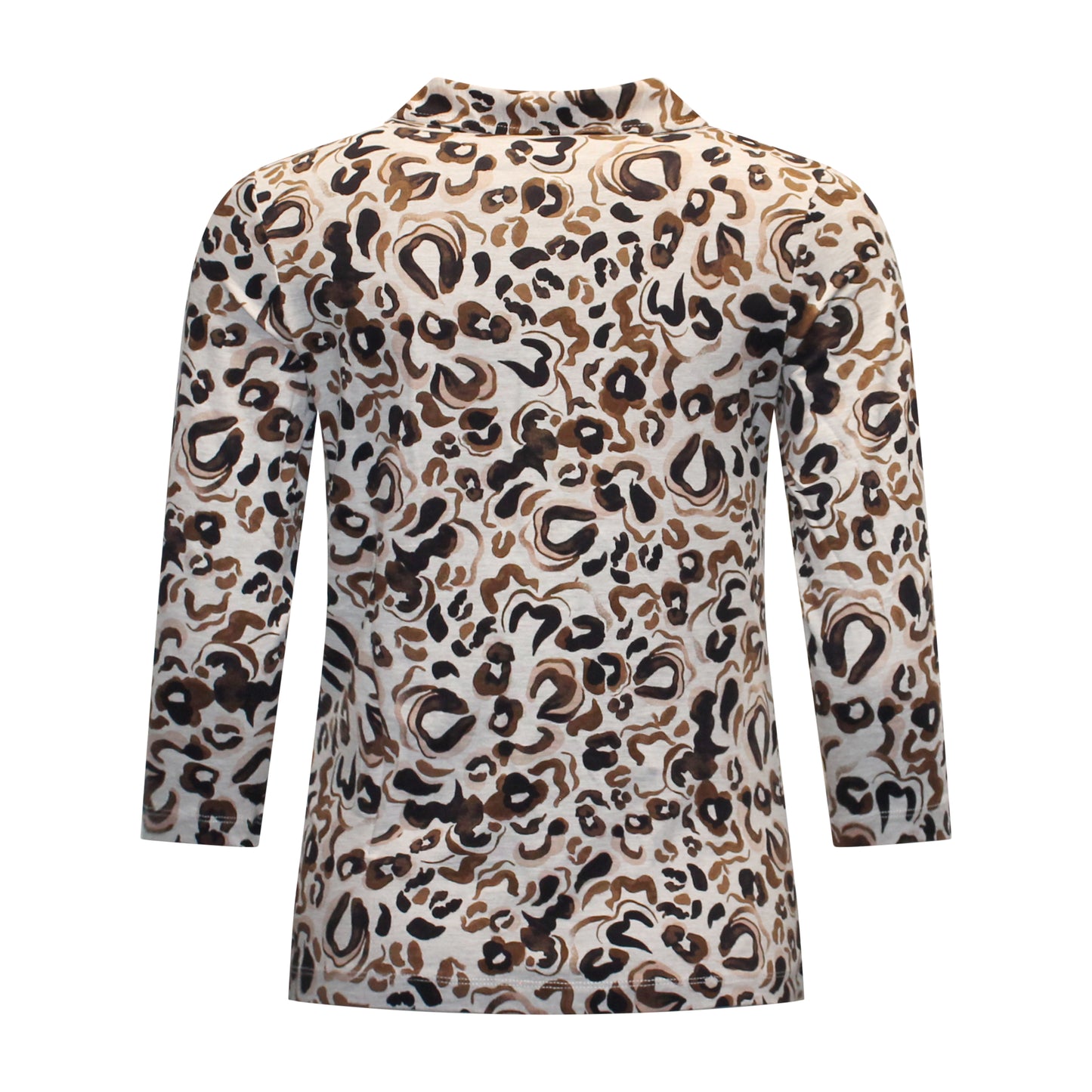Achterzijde van Marinello poloshirt Marloes met recht model, driekwart mouwen en luipaarddessin in bruin en taupe.