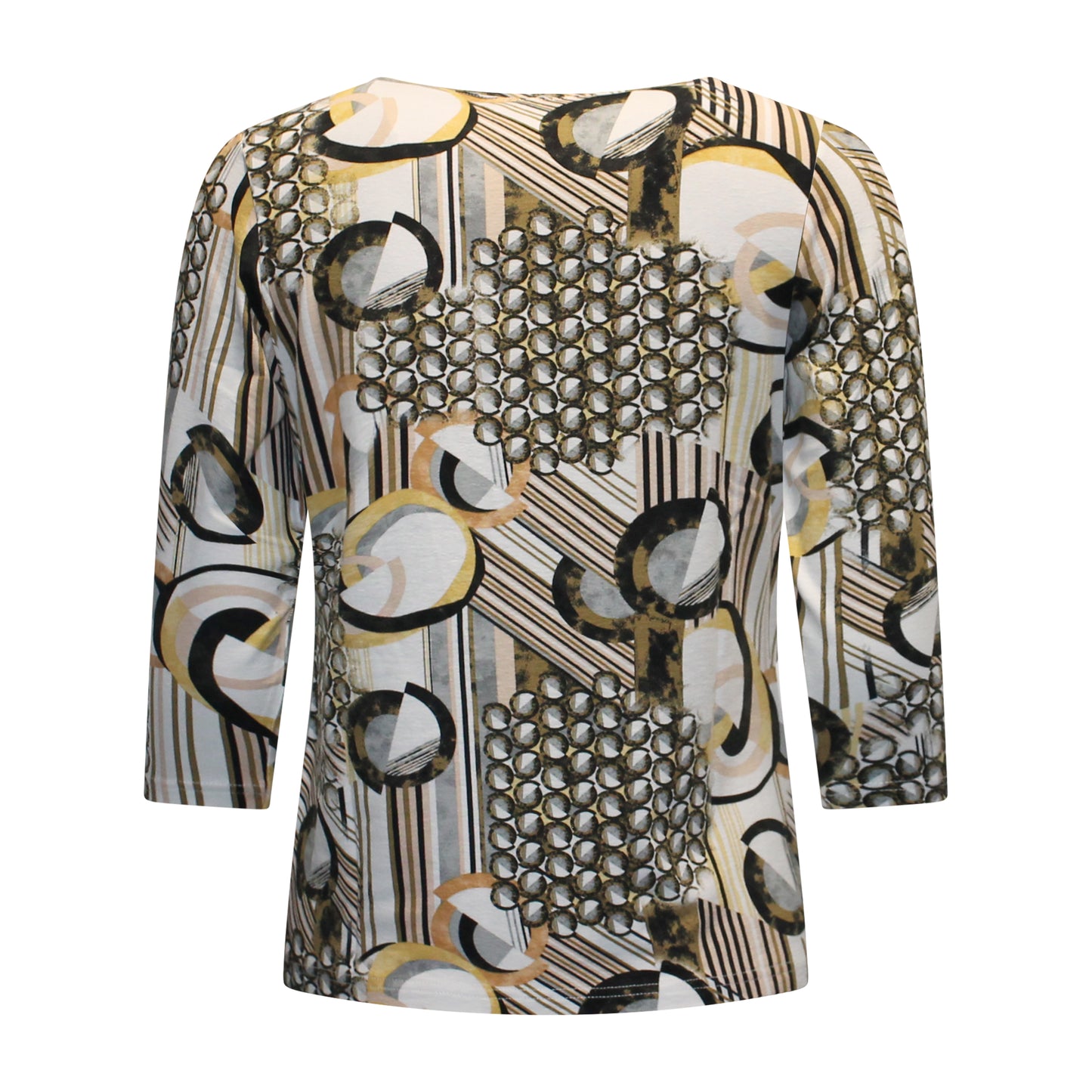 Achterzijde van Marinello T-shirt Hanne met driekwart mouwen en grafisch dessin in bruin.