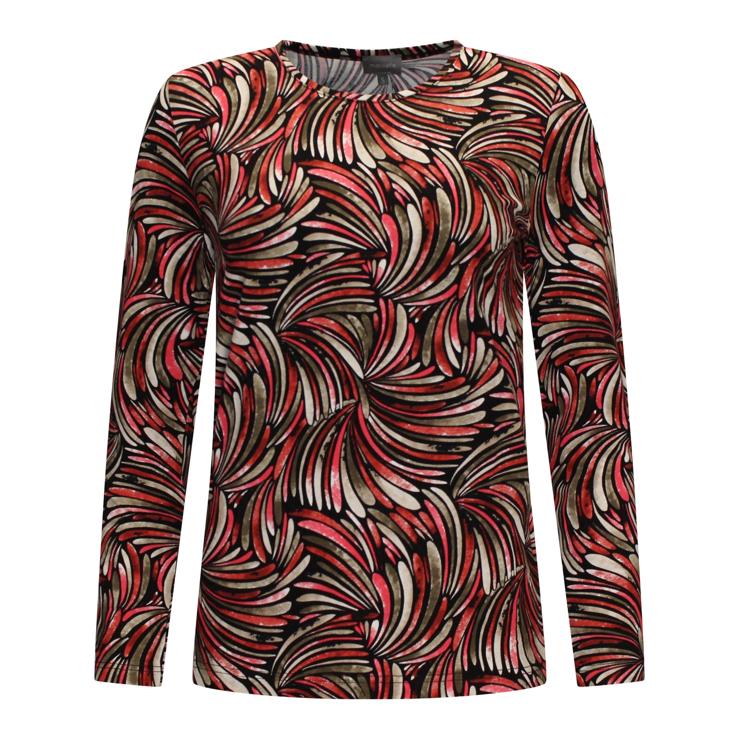 Voorzijde van Marinello T-shirt Veerle met ronde hals, lange mouw en all-over dessin in het rood.