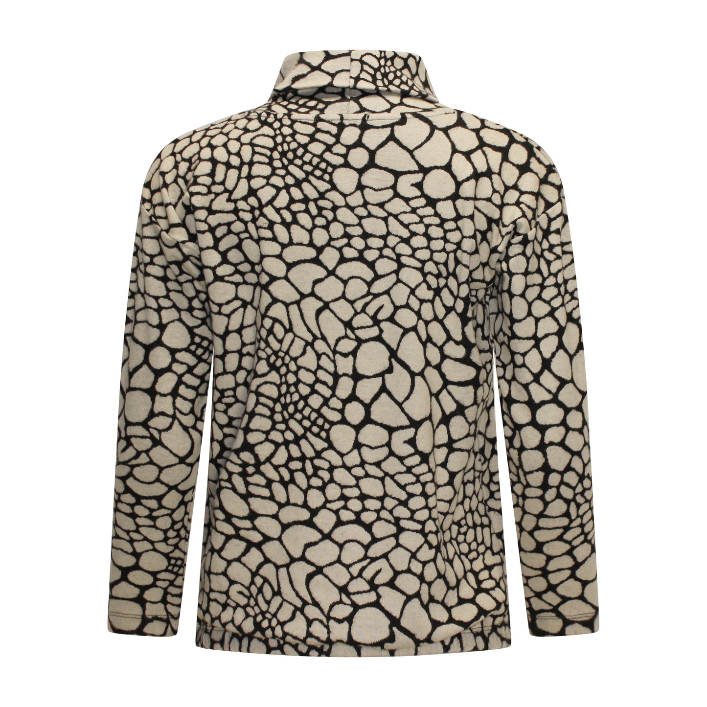 Achterzijde van Navigazione T-shirt Fenne in beige met zwart, met lange mouwen, kolkraagje en elastiek onderin.