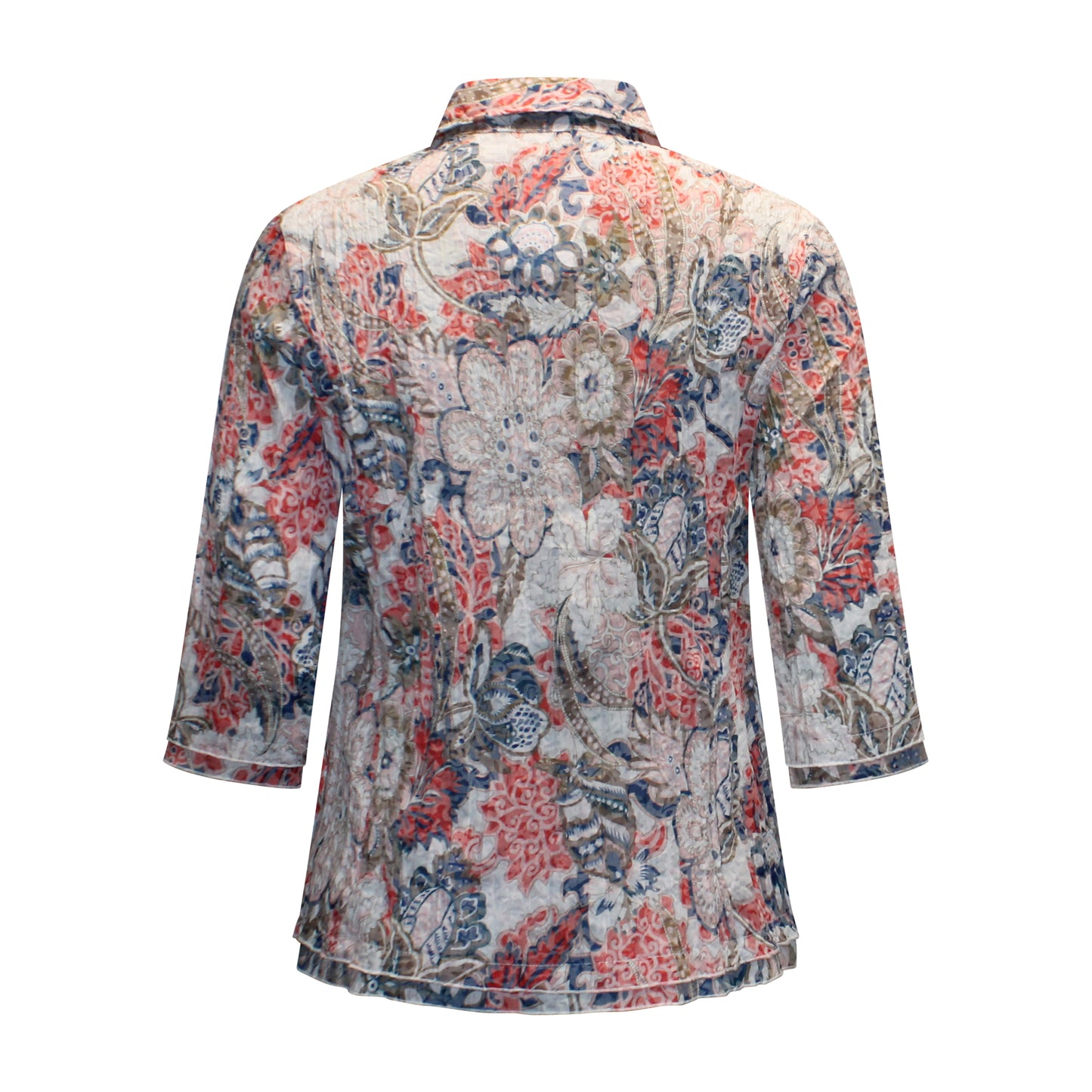 Achterzijde van Navigazione blouse Simone met driekwart mouwen en patroon in rood.