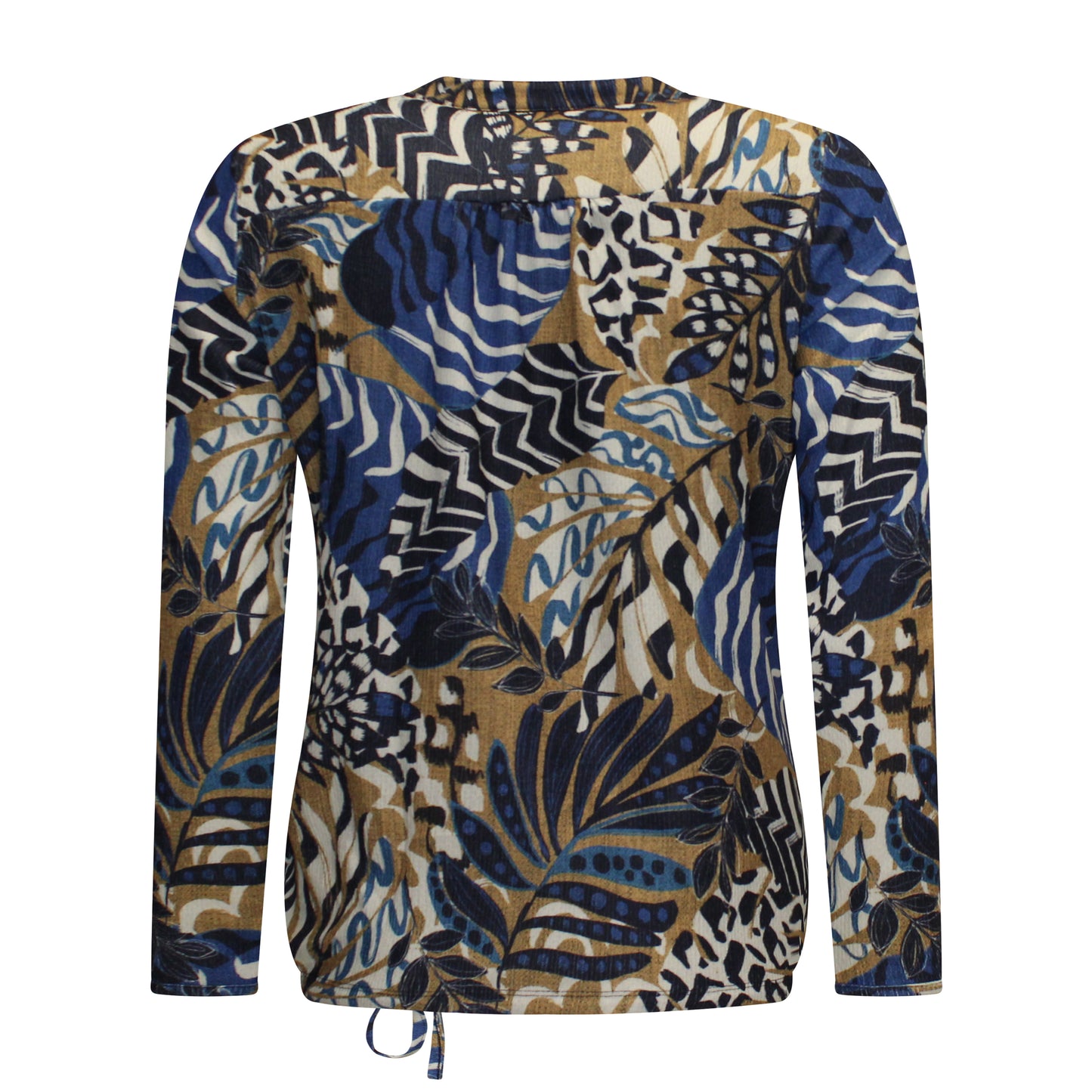 Achterzijde van Sensia Blouson Amelie met lange mouwen en koordje onderaan in blauw met camel.