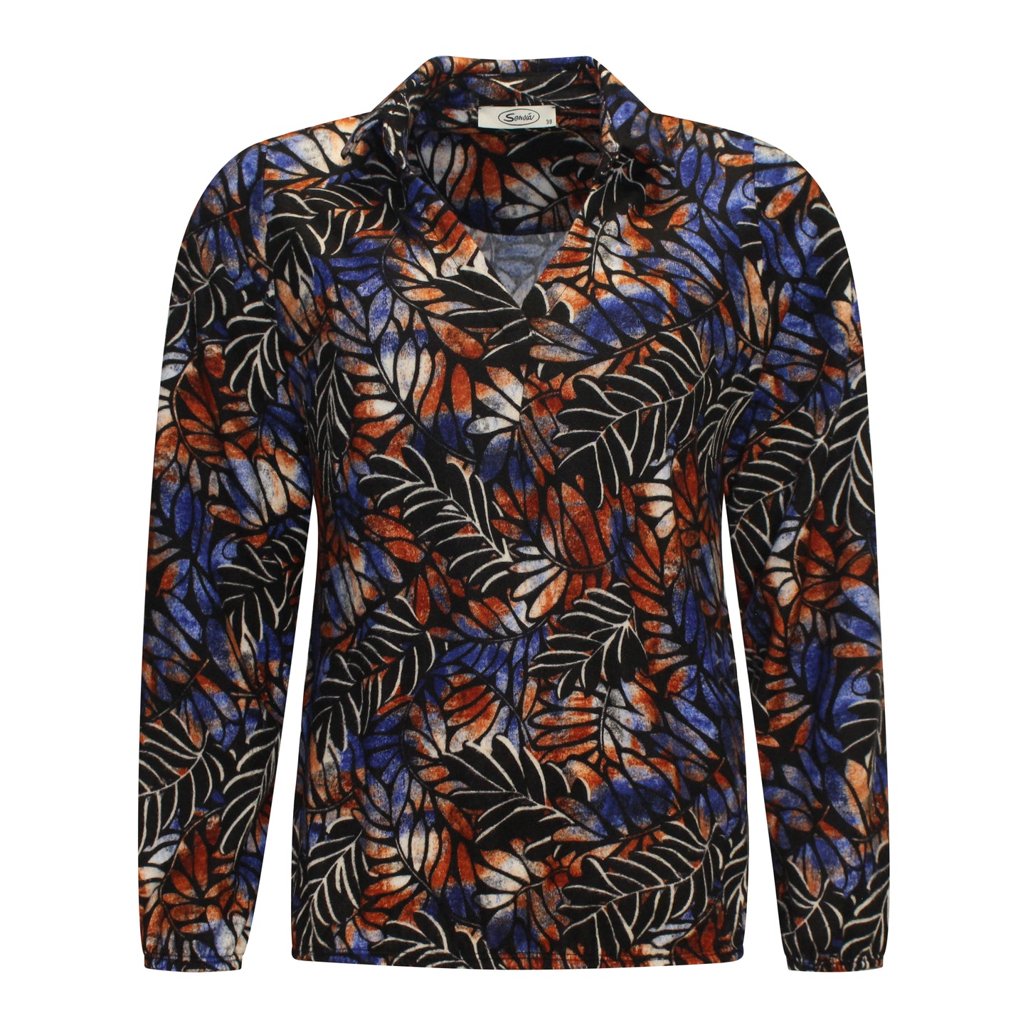 Voorzijde van Sensia Blouson Femke met diepe v-hals en bloemmotief in het blauw.