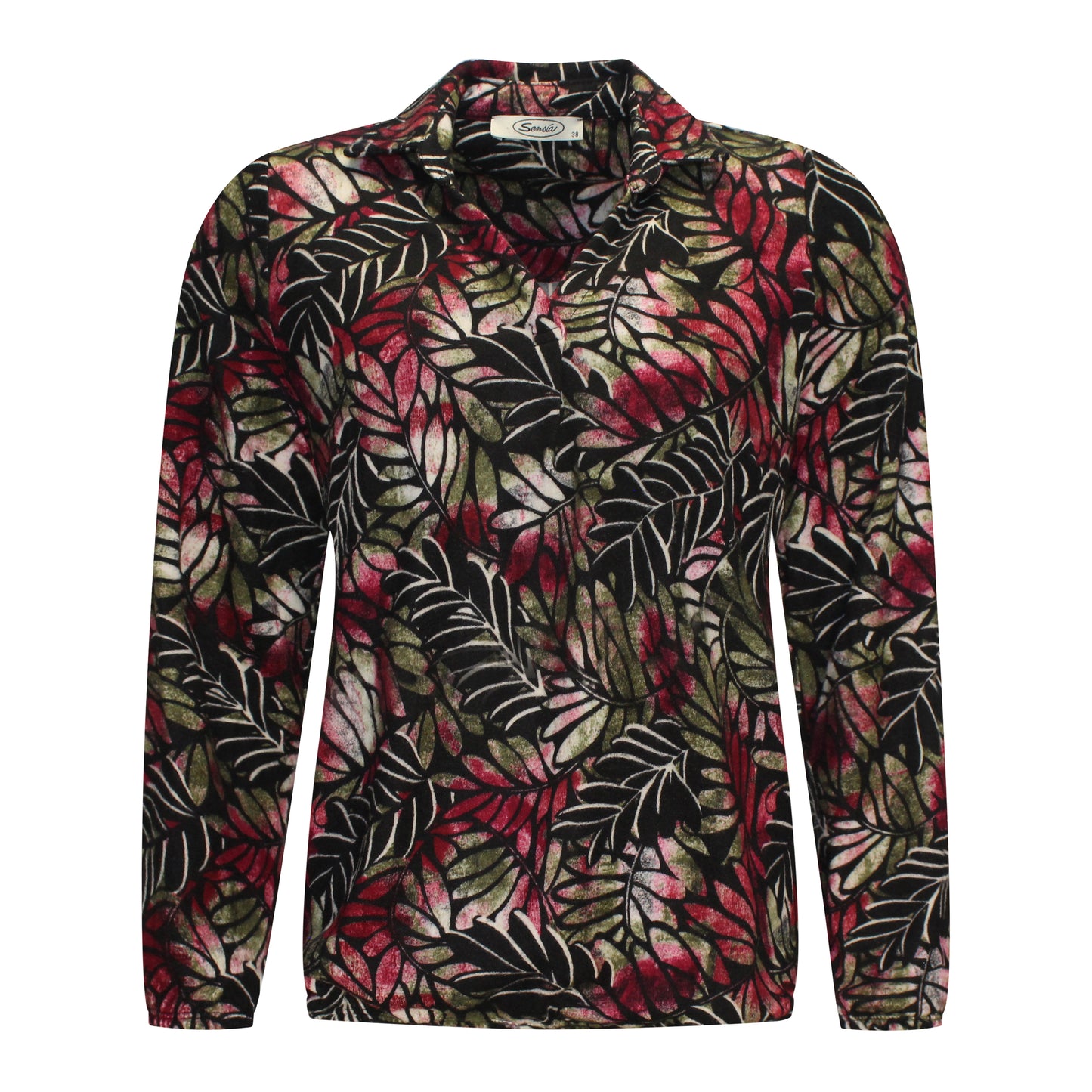 Voorzijde van Sensia Blouson Femke met diepe v-hals en bloemmotief in het groen.