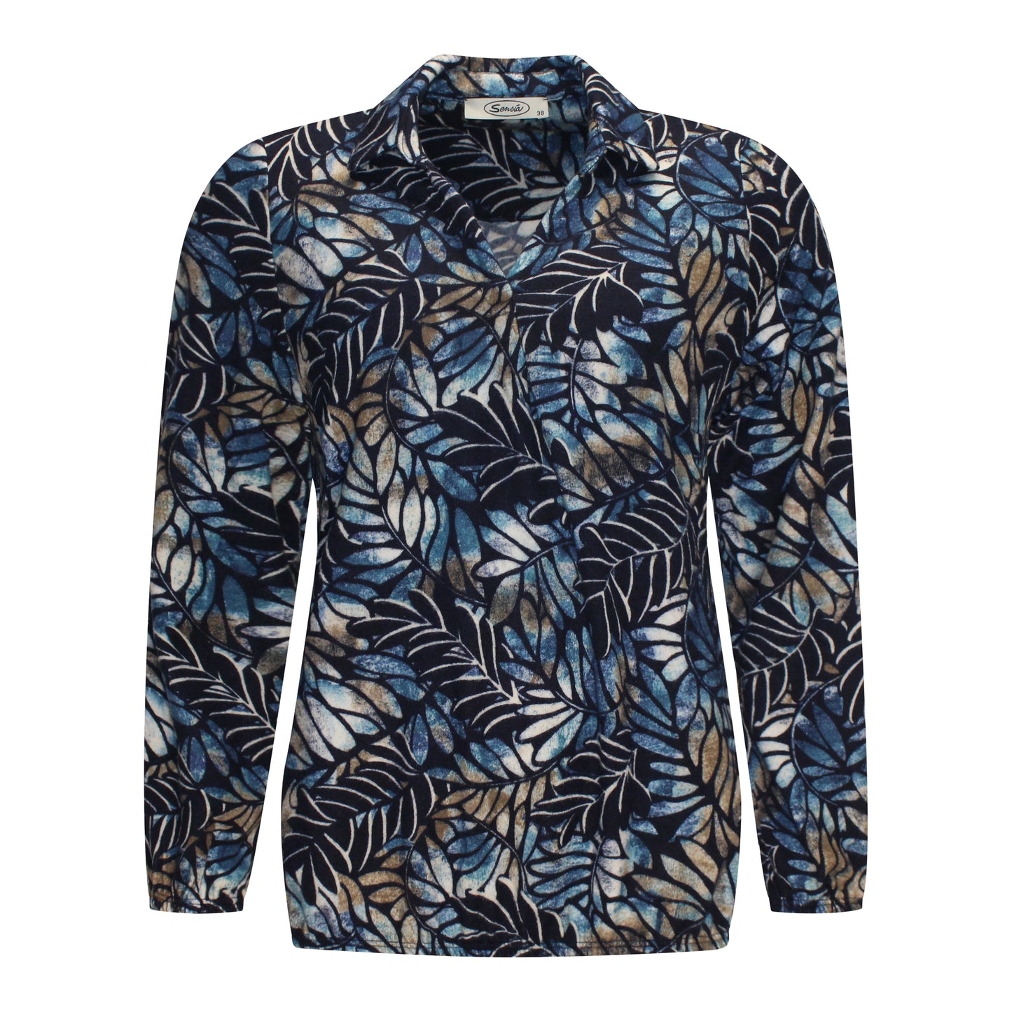 Voorzijde van Sensia Blouson Femke met diepe v-hals en bloemmotief in het marine.