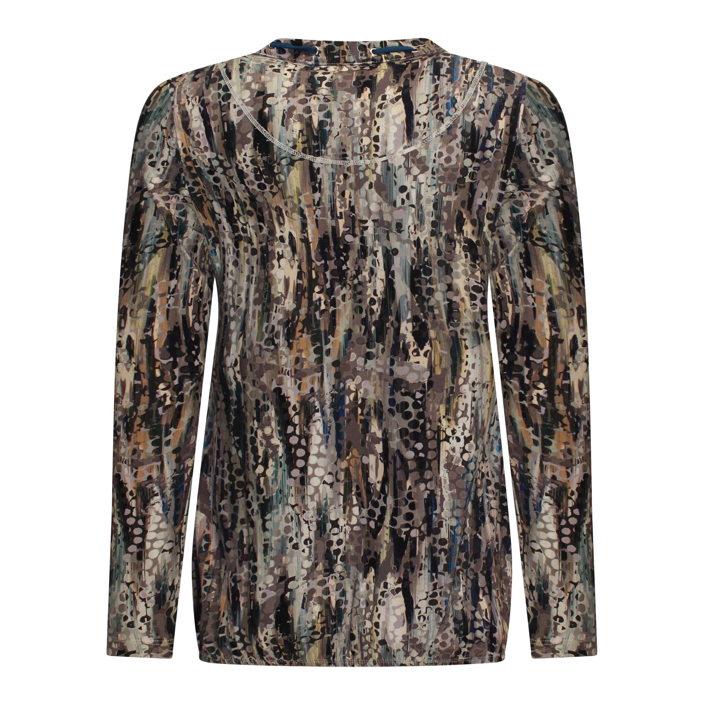 Achterzijde van Sensia Blouson Jula met ronde hals, v-halsdetail en koordje in het taupe.