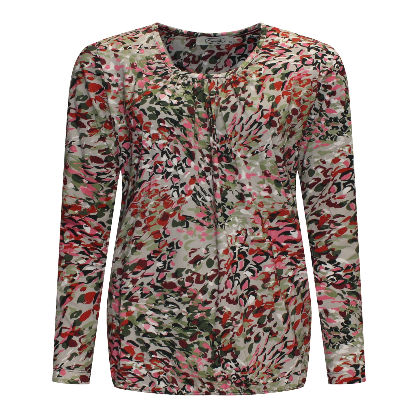 Voorzijde van Sensia Blouson Lotte met kleurrijk patroon en ronde hals in de kleur groen.