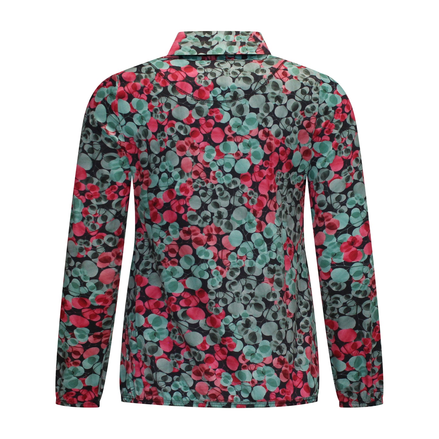 Achterzijde van Sensia Blouson Mien met kraagje in het groen, lange mouwen en elastische band onderin.