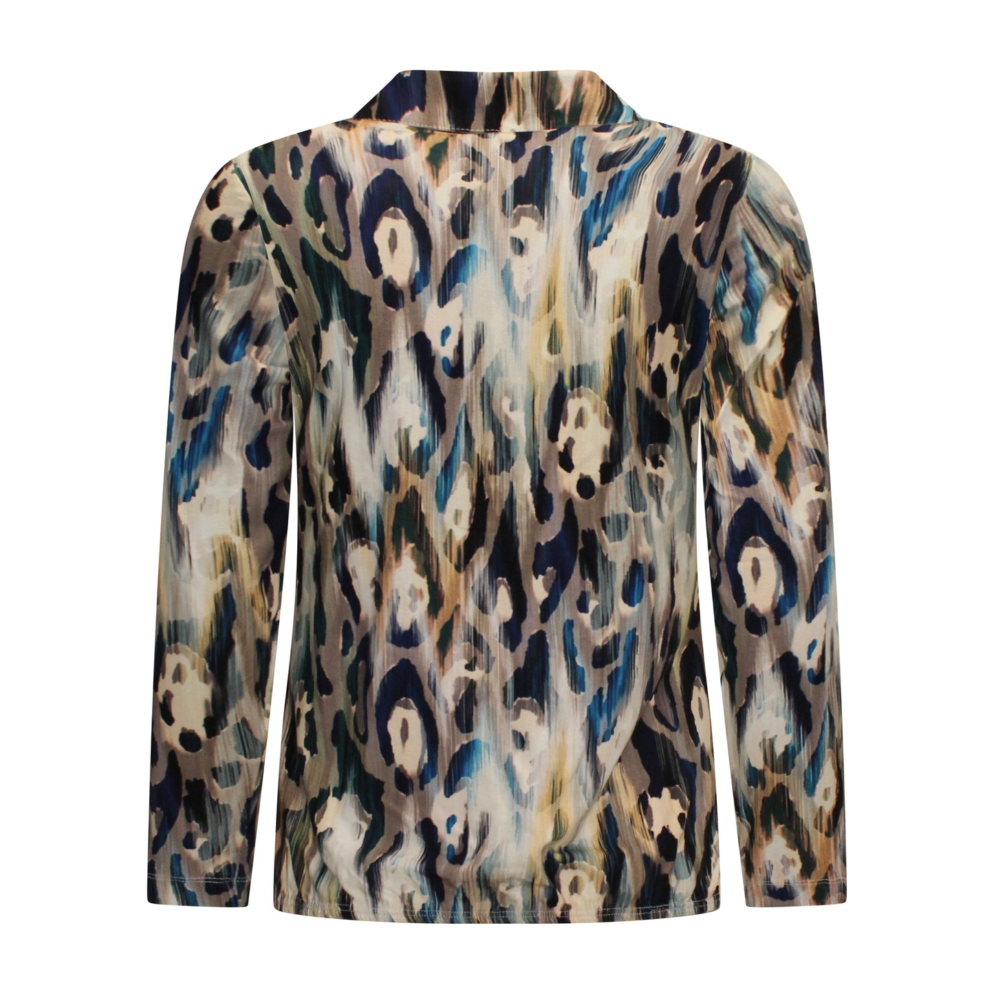 Achterzijde van Sensia Blouson Milou met kraagje, knoopjes, lange mouwen, elastische band en beige meerkleurige print.