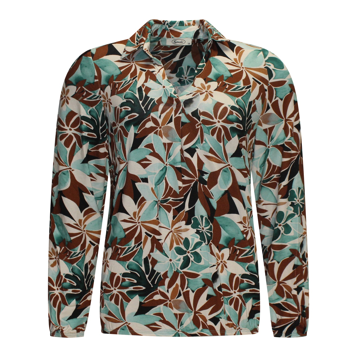 Voorzijde van Sensia Blouson Nova met v-hals en mintgroen bruin patroon.