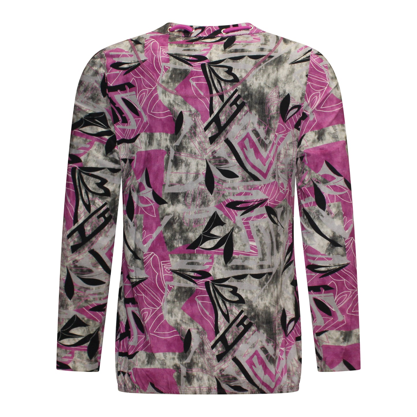 Achterzijde van blouson Rene met elegant dessin in roze en grijs. Ronde hals met verfijnd koorddetail en lange mouwen. Stijlvolle herfstlook.