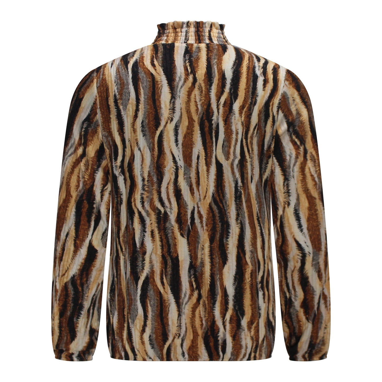Achterzijde van Sensia Blouson Vianne met lange mouwen en elastiekje aan de onderkant in bruin streepjesdessin.