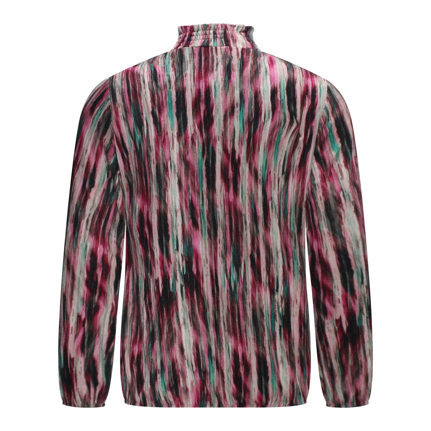 Achterzijde van Sensia Blouson Vianne met lange mouwen en elastiekje aan de onderkant in fuchsia streepjesdessin.
